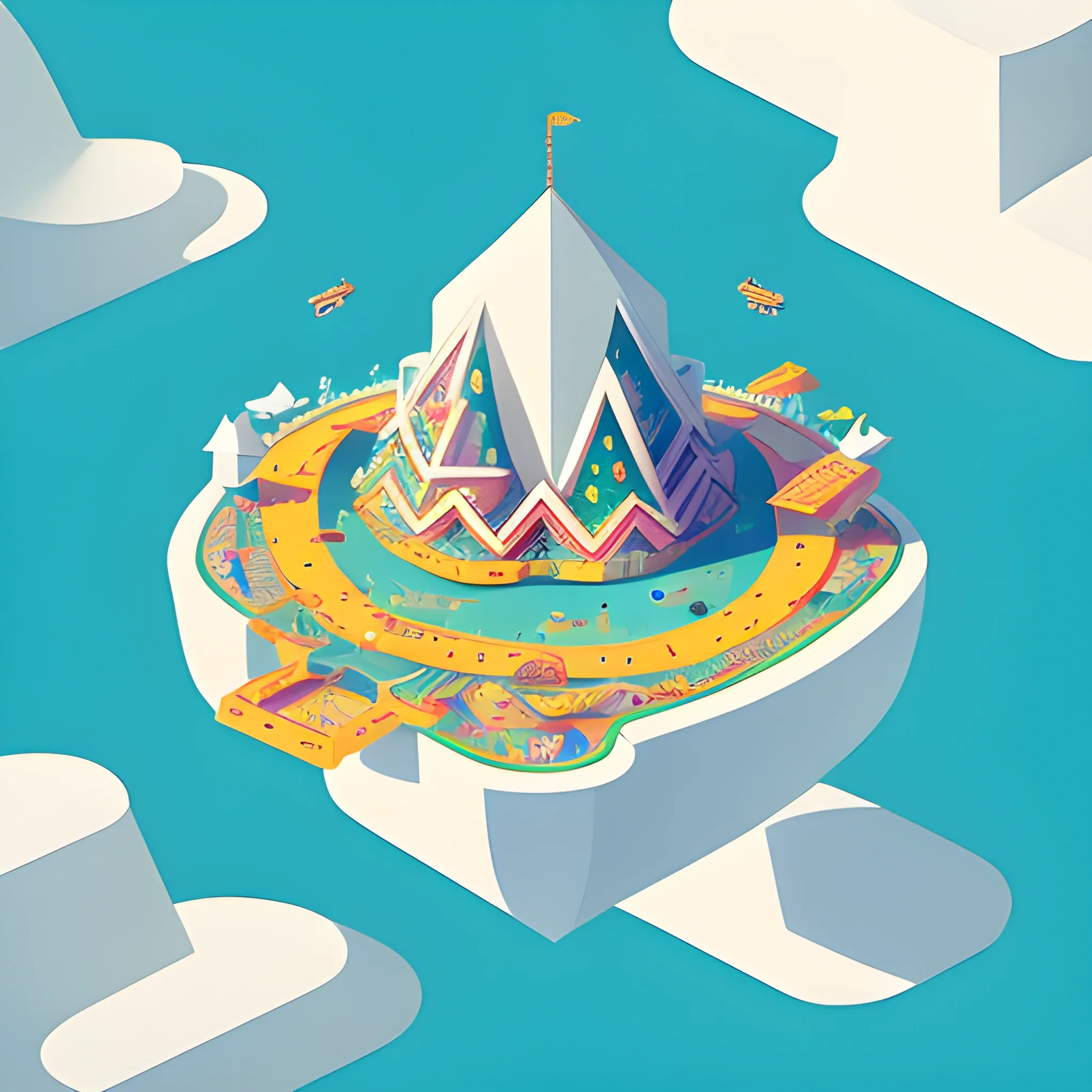 A swirling geometric Floating island in the sky with a isometric amusement park, bold lines, Trippy