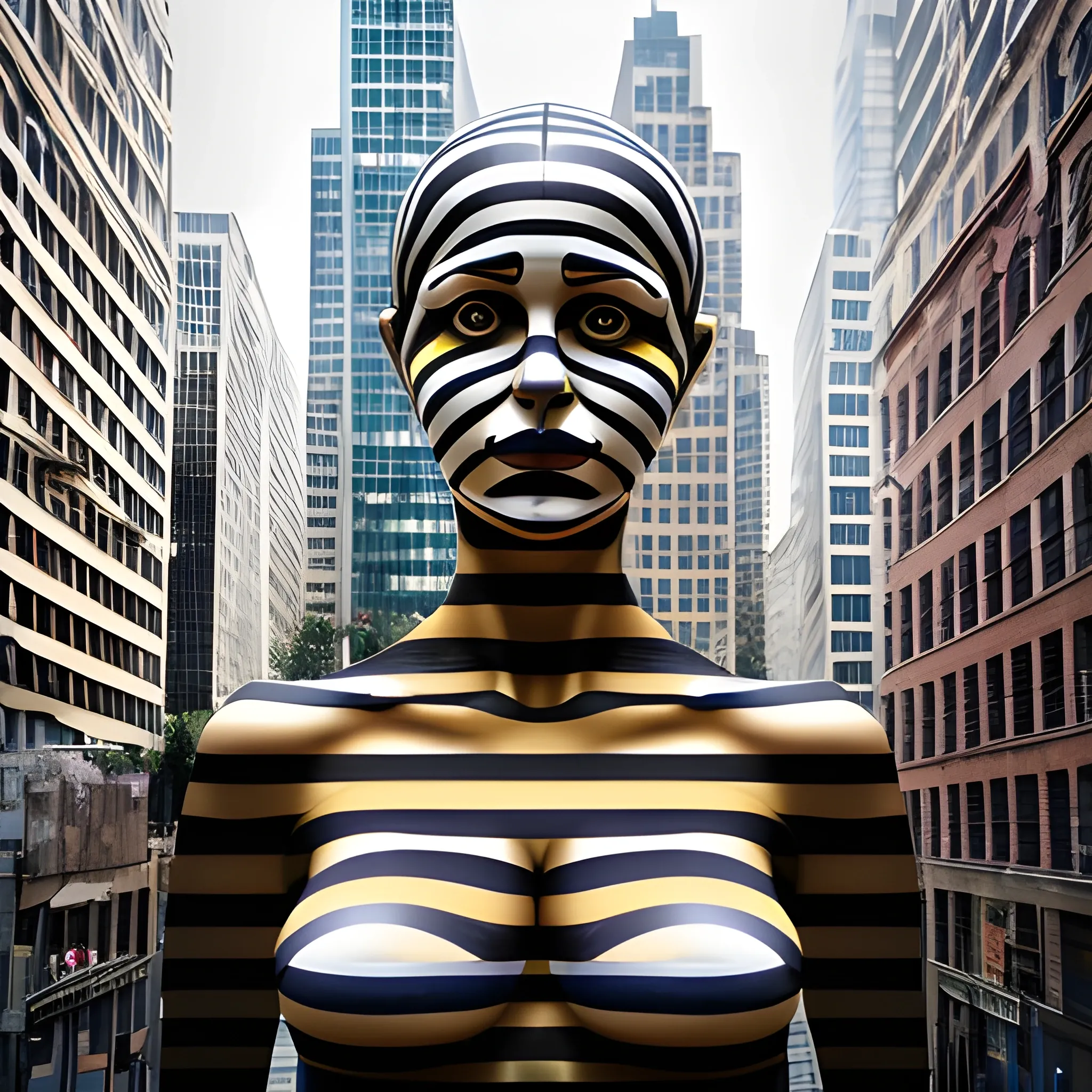 Double exposure of the striped beautiful woman Sculpture, full body emerge from stripes city street buildings emerge from the striped setting behind them, ultra HD image, cinematic,