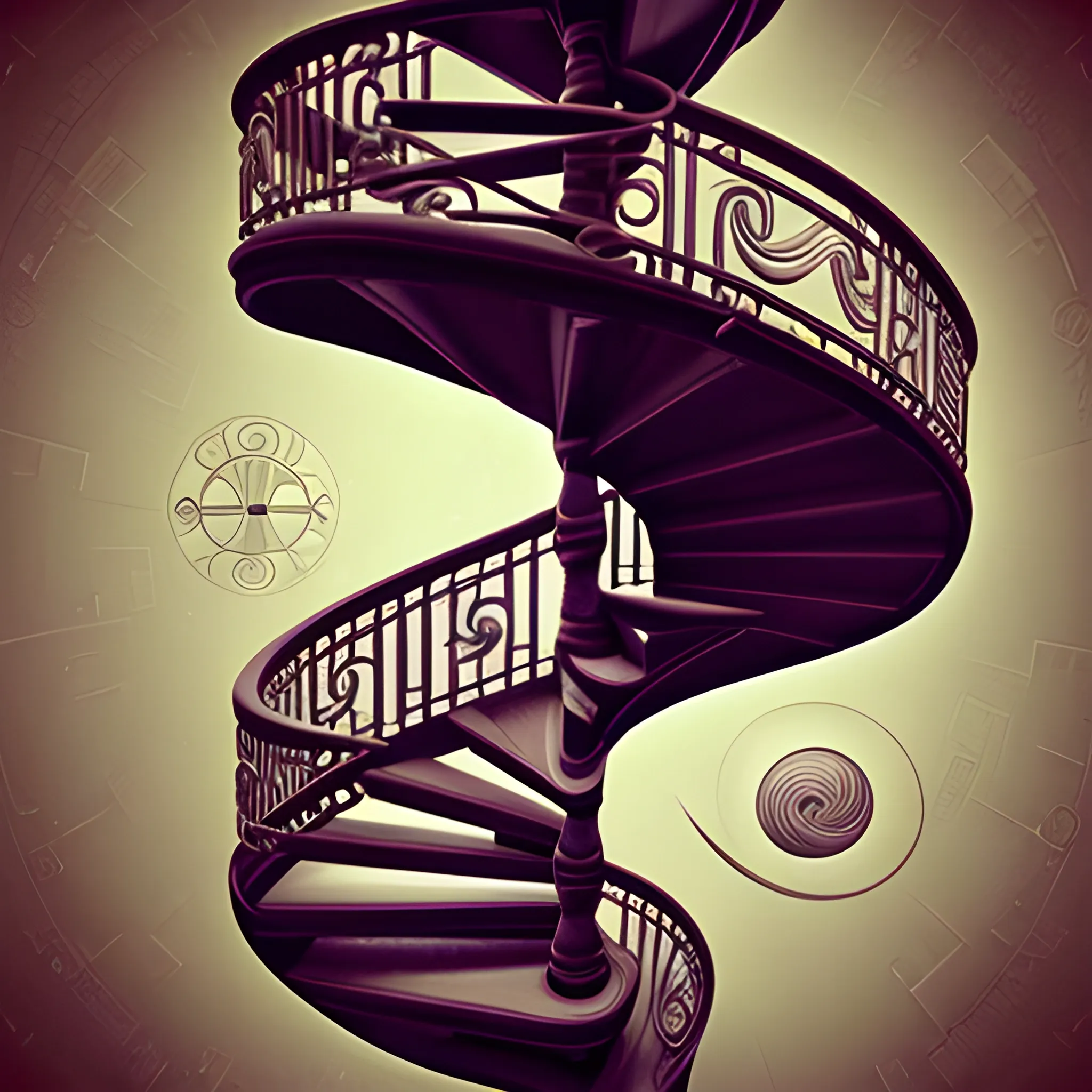 A mesmerizing cosmic design of M.C. Escher's famous impossible staircases, reimagined in a steampunk staircase. They are defying gravity, gracefully spirals across a luminescent surface that reflects the brilliance of endless staircases going down & upside-down & around & upside-down& around.