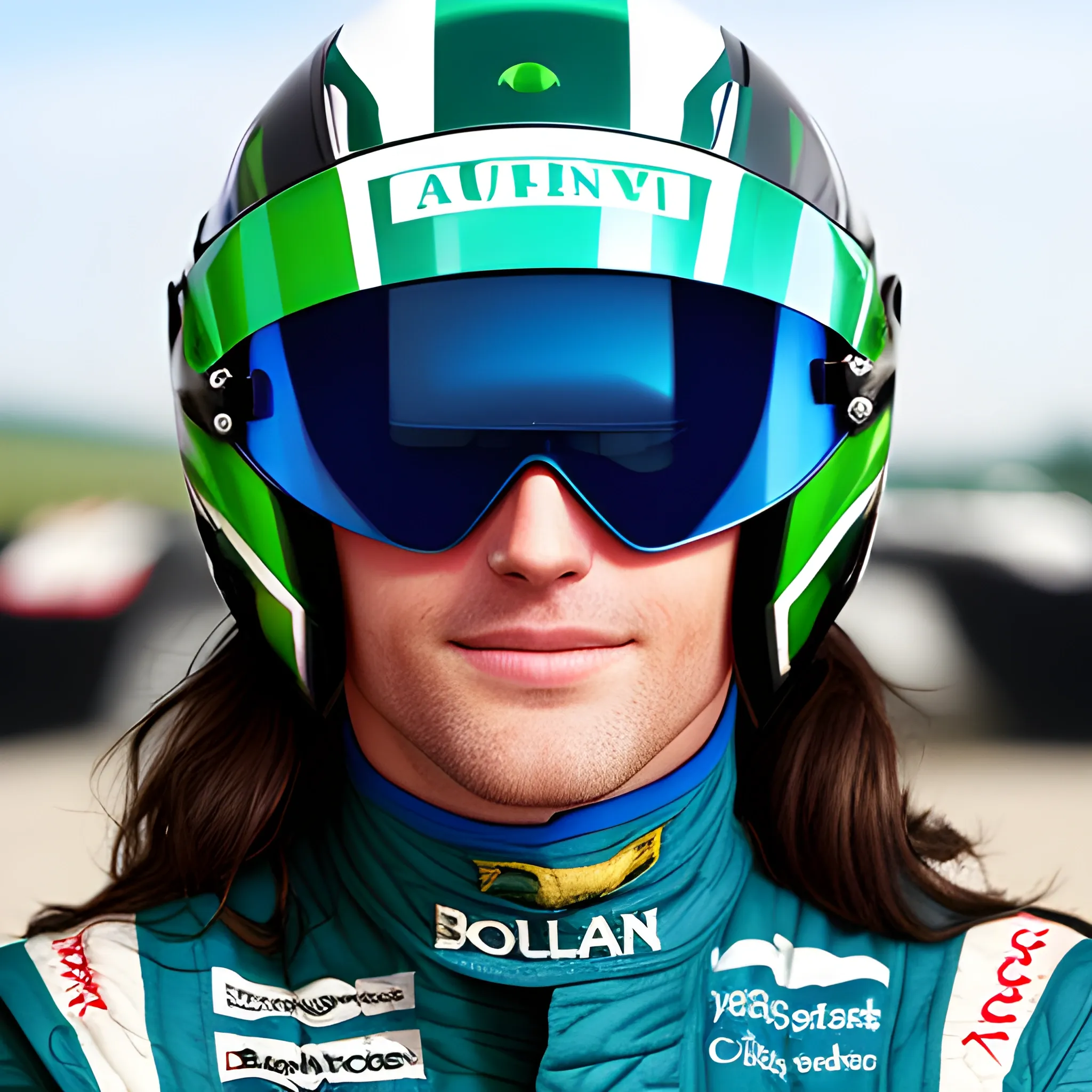 race car driver wearing blue green in eye shades