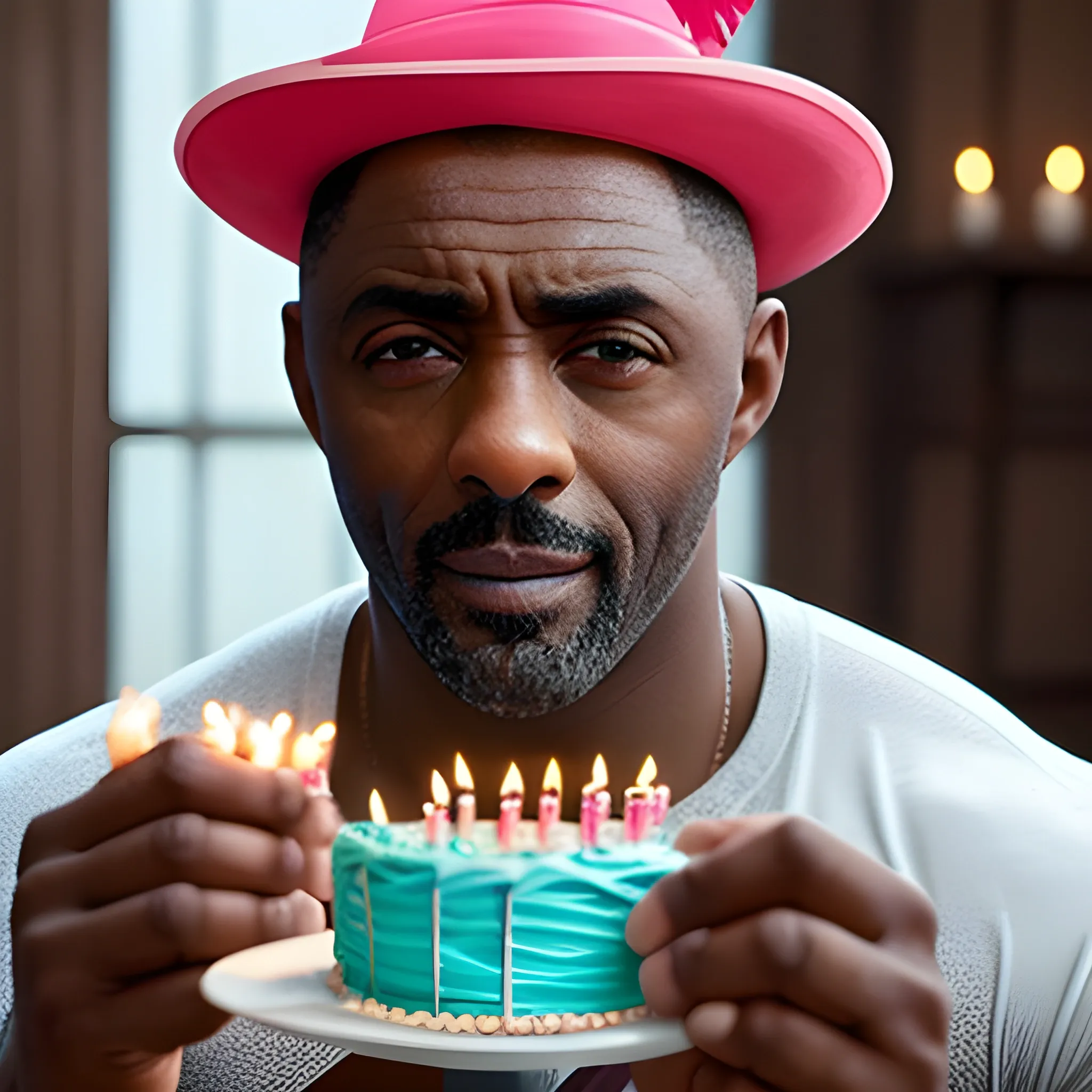 Idris Elba shirtless wearing a birthday hat and holding out a birthday cake with candles