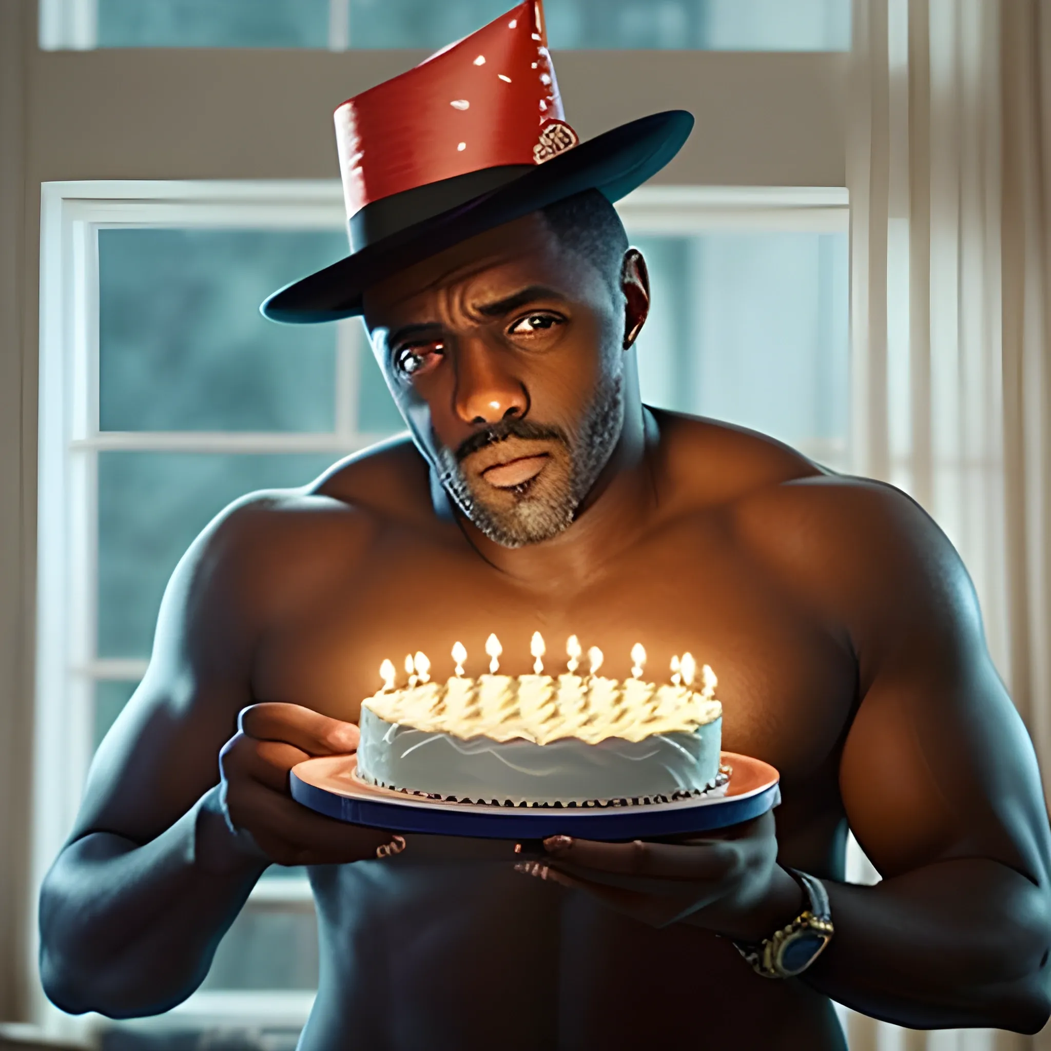 Idris Elba shirtless, wearing a birthday hat, holding out a birthday cake lit with candles