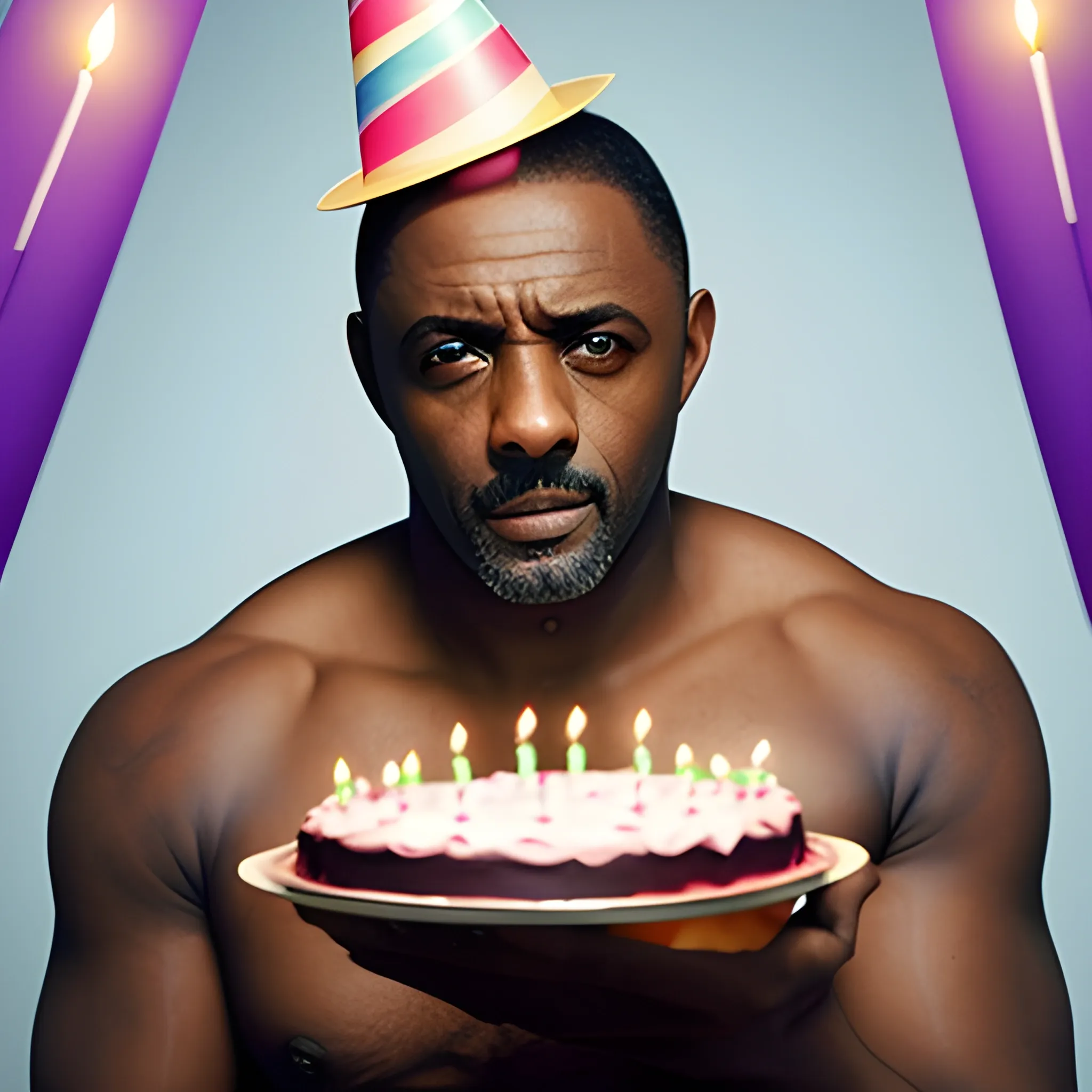 Idris Elba shirtless, wearing a party hat, holding out a birthday cake lit with candles