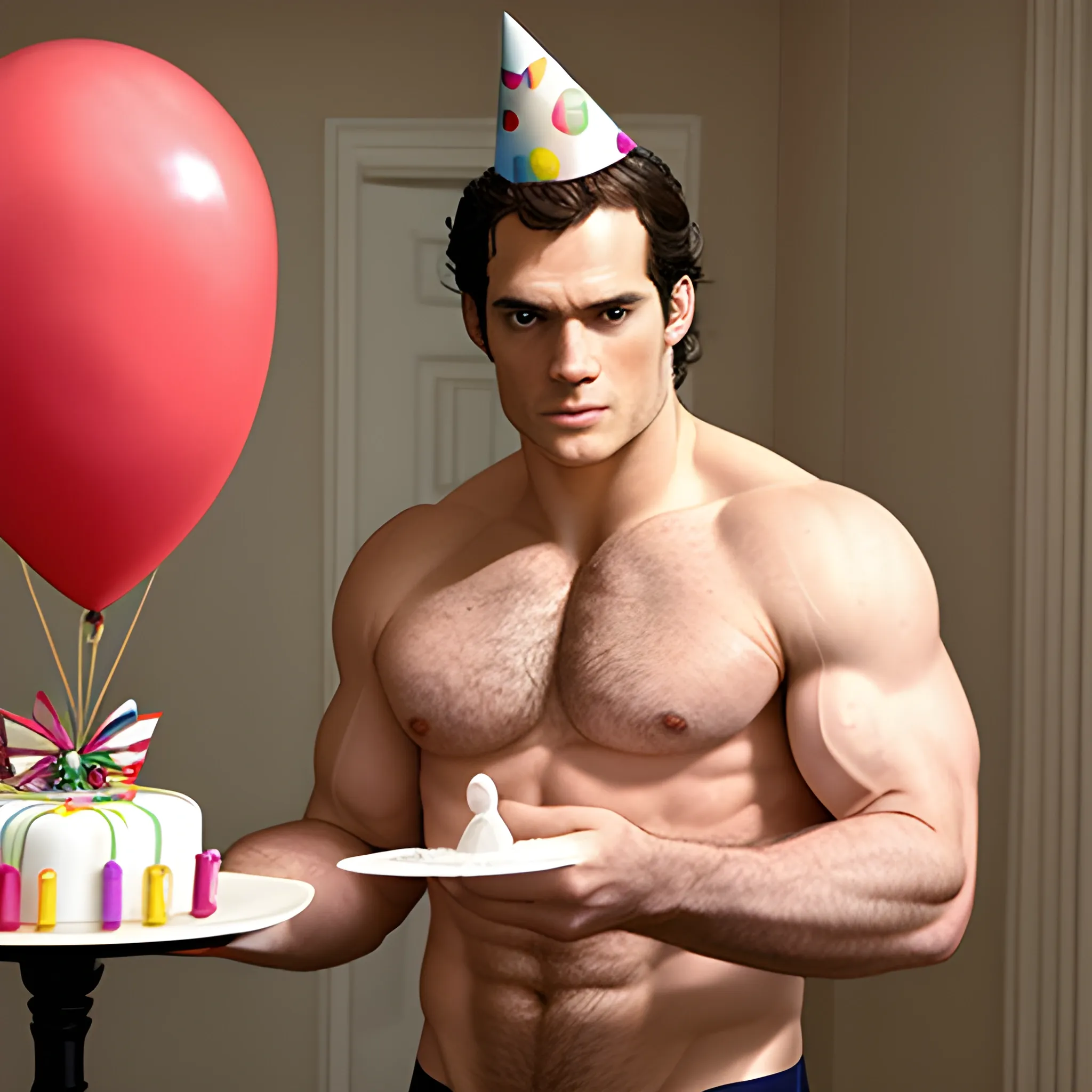 Henry Cavill shirtless, wearing a party hat, holding out a birthday cake lit with candles