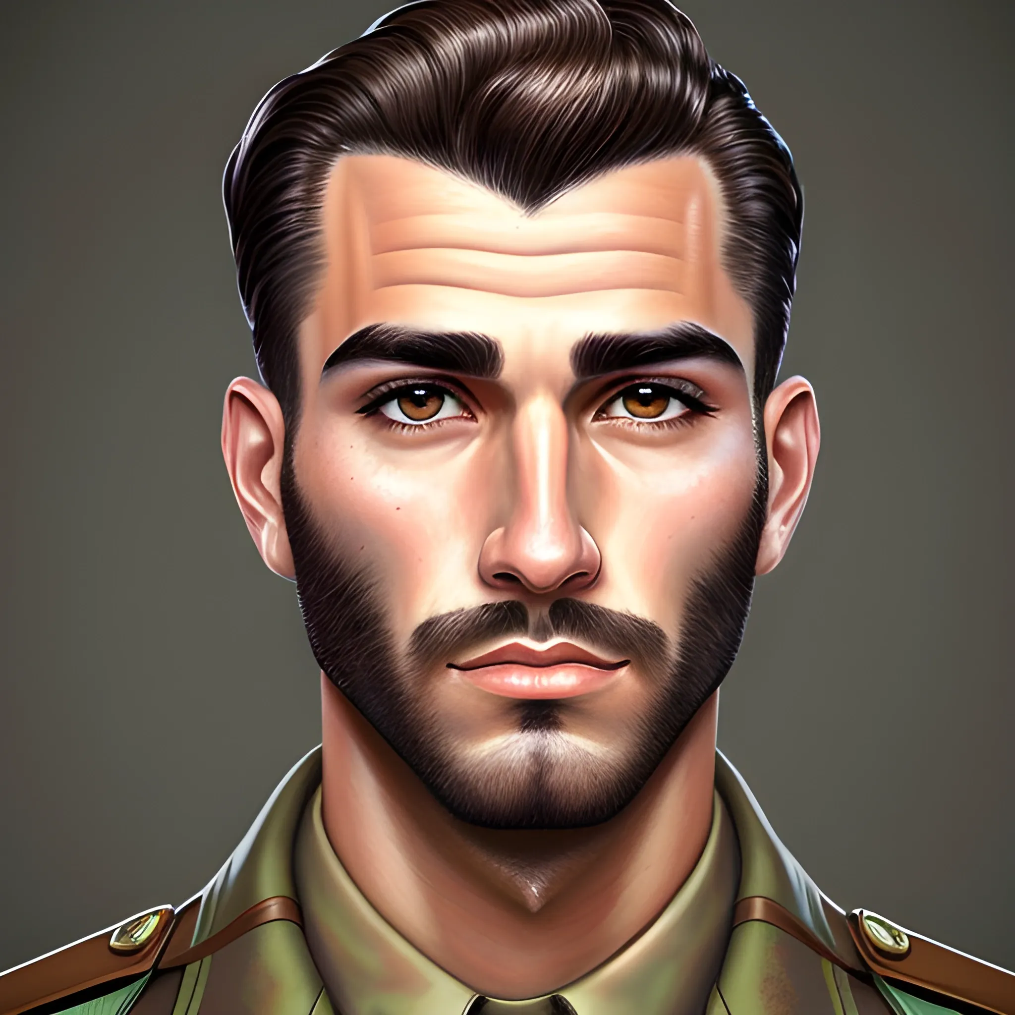 semi-realistic, masterpiece, portrait, adult man, man in his twenties, young man, ww2 aesthetic, vintage, brown eyes, deep eyes, american marine soldier, in an office, stoic expression, dark brown hair, curly mullet, no facial hair, full body, burly, built, crisp details, illustrated, niji 6, Midjourney, Detailed eyes, strong, sharp focus, perfect hands, perfect light, Oil Painting