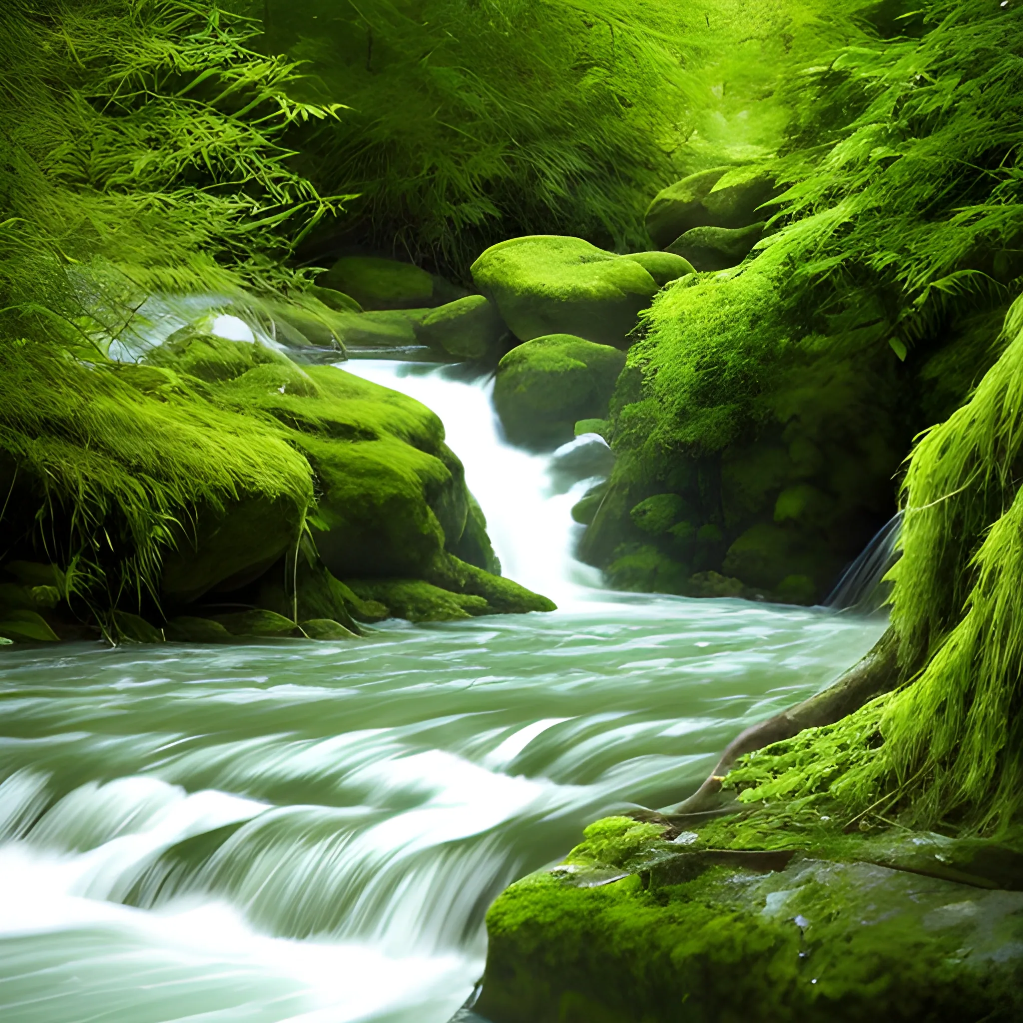  quiet green cascade of water at the end of a river