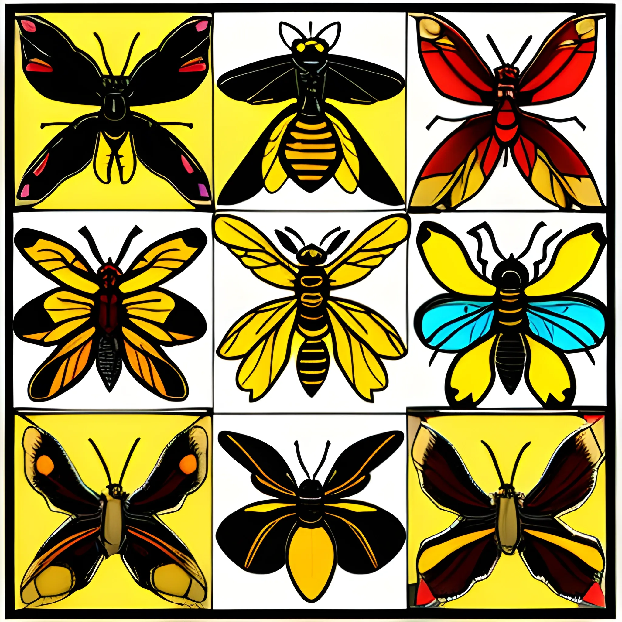 Vitral, yellow, brown, orange, black, one wasp, white, skyblue and gold colored angel left side, black and red colored demon right side