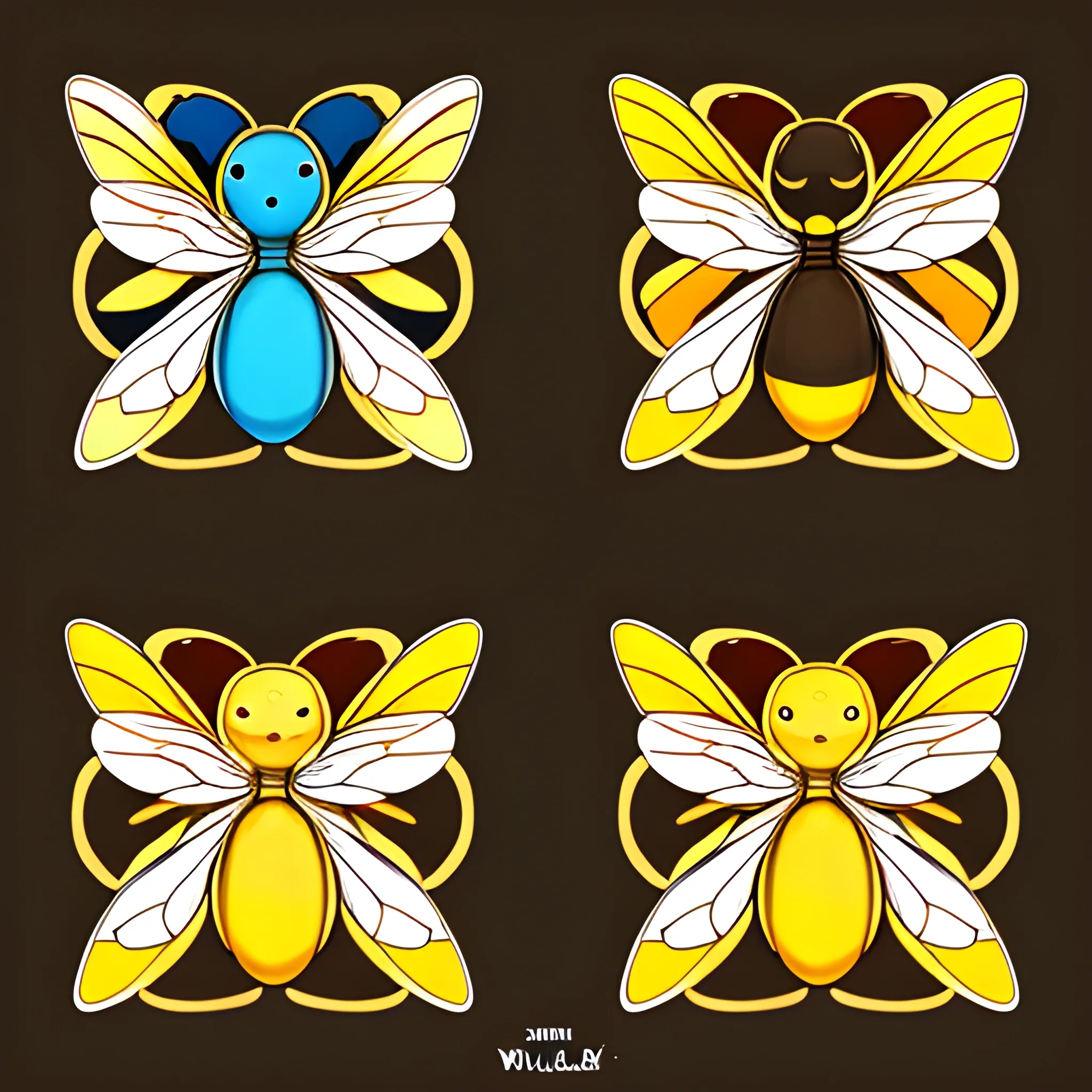 Vitral, yellow, brown, orange, black, only one cute wasp, white, skyblue and gold colored angel left side, black and red colored demon right side, Cartoon