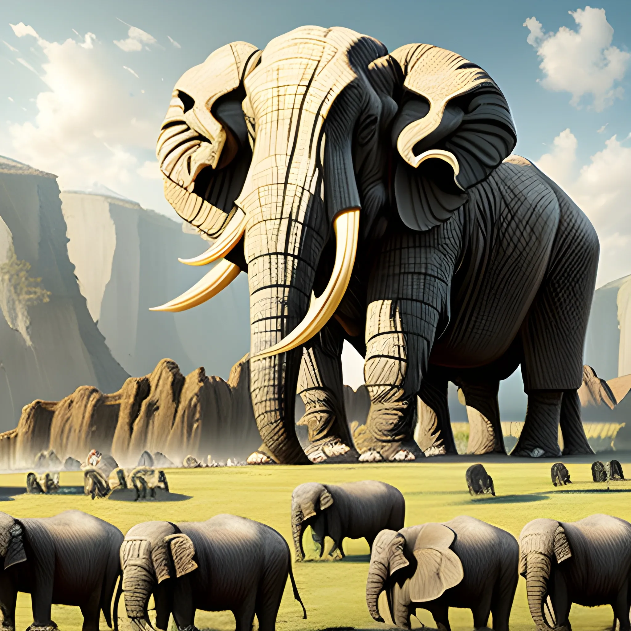 A vast flock of wholly mammoths densely packed together, creating an illusion of a landscape. The heard of wholly mammoths are heading towards a very large cliff where they are seen falling off. shading techniques evoke a somber and contemplative mood, while the artistic representation.