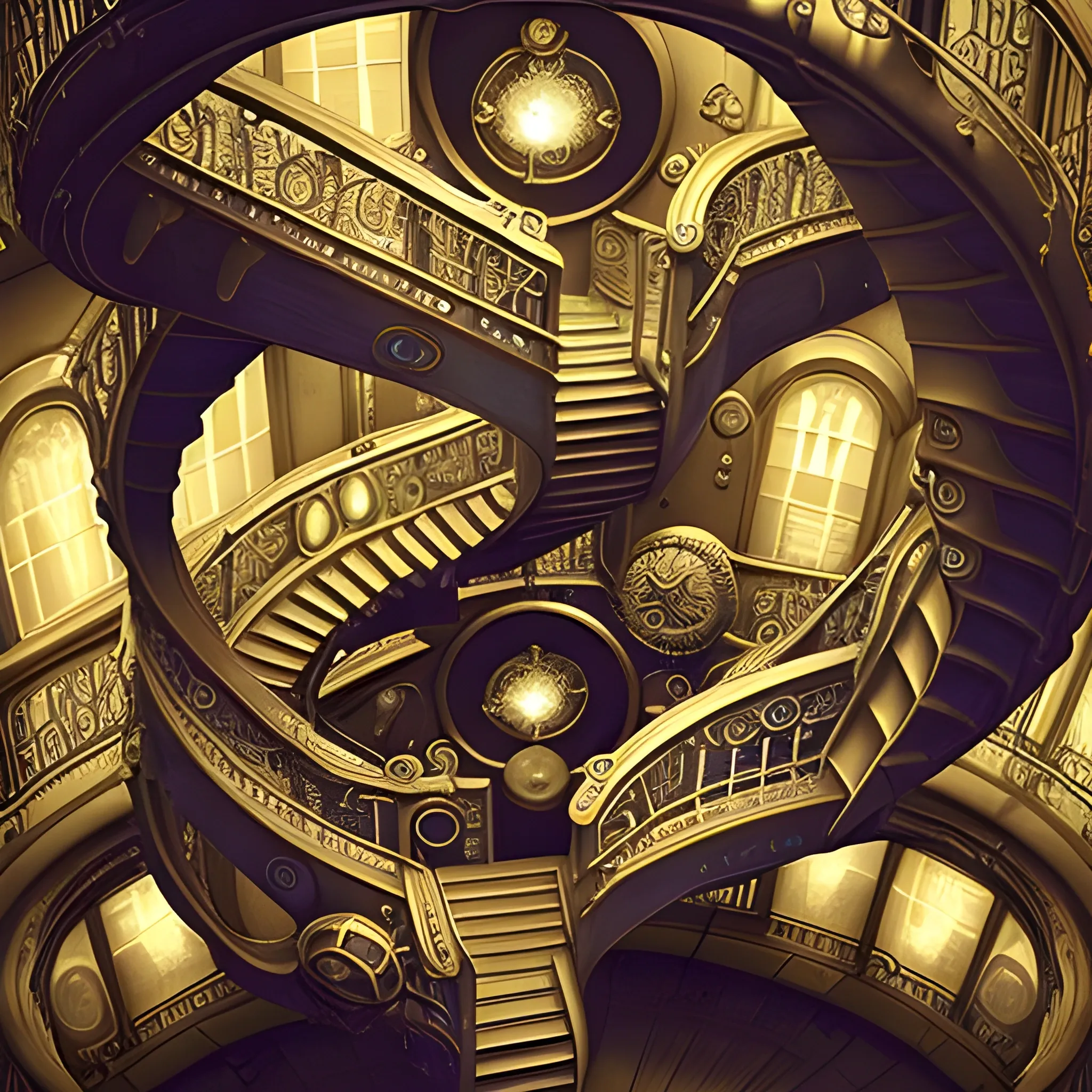 A mesmerizing cosmic design of M.C. Escher's famous impossible staircases, in space, reimagined in a steampunk staircase. They are defying gravity, gracefully spirals across a luminescent surface that reflects the brilliance of endless staircases going down & upside-down & around & upside-down& around.