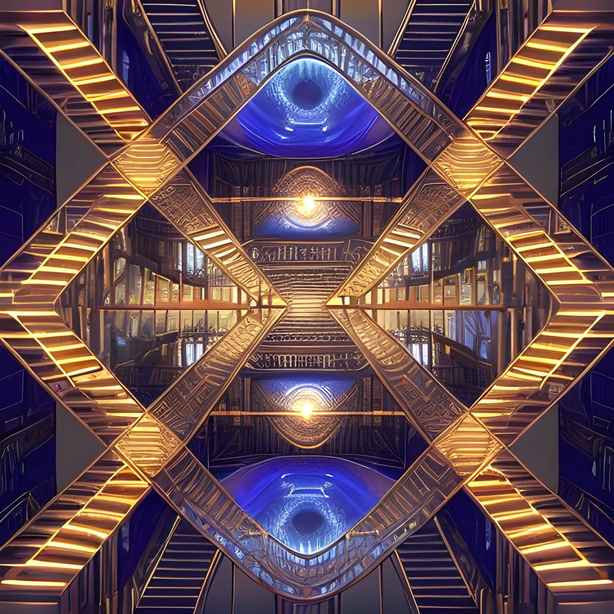 Insanely symmetrical composition. M.C. Escher's impossible staircases spiral across a luminescent surface in a mesmerizing pattern. Aiming downwards into infinity. Royalpunk-inspired industrial details and machinery infused into the staircases' structure. Dark gold and burnt orange hues.Space station with impossible staircases and astronauts walking in different gravity directions. Low-angle. Inspired by M.C. Escher. Infinite reflecting staircases. Endless Humans & Aliens walking, on the staircases. Staircases disappearing into nebulas. Vibrant colors, contrasted with deep space darkness.Highly detailed. Unique impossible geometry.750 UHD 4D resolution. Celestial blue and purple hues Rich, warm lighting radiating from the luminescent surface. Warm glow, intricate details, brass accents, Victorian-inspired architecture, impossible geometry, industrial fantasy, highly ornamented, luxurious textures, midnight rays, best quality, a masterpiece.