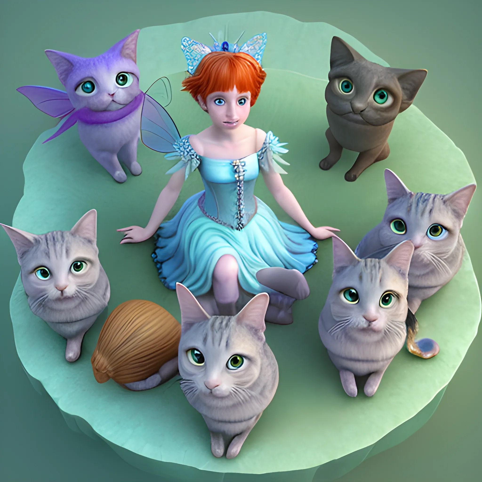 A magically rendered 3D portrait of Dori, the whimsical fairy, surrounded by her charming alliance of six feline companions.