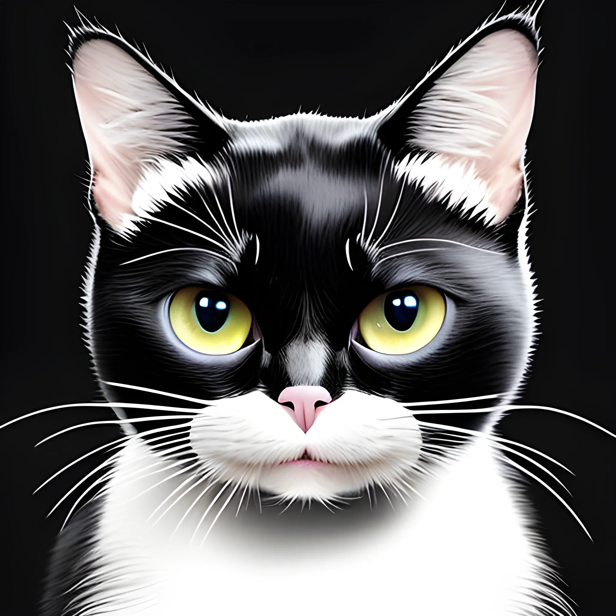 black cat, white empty background, cat has one tail, cat has big eyes, Cartoon, 