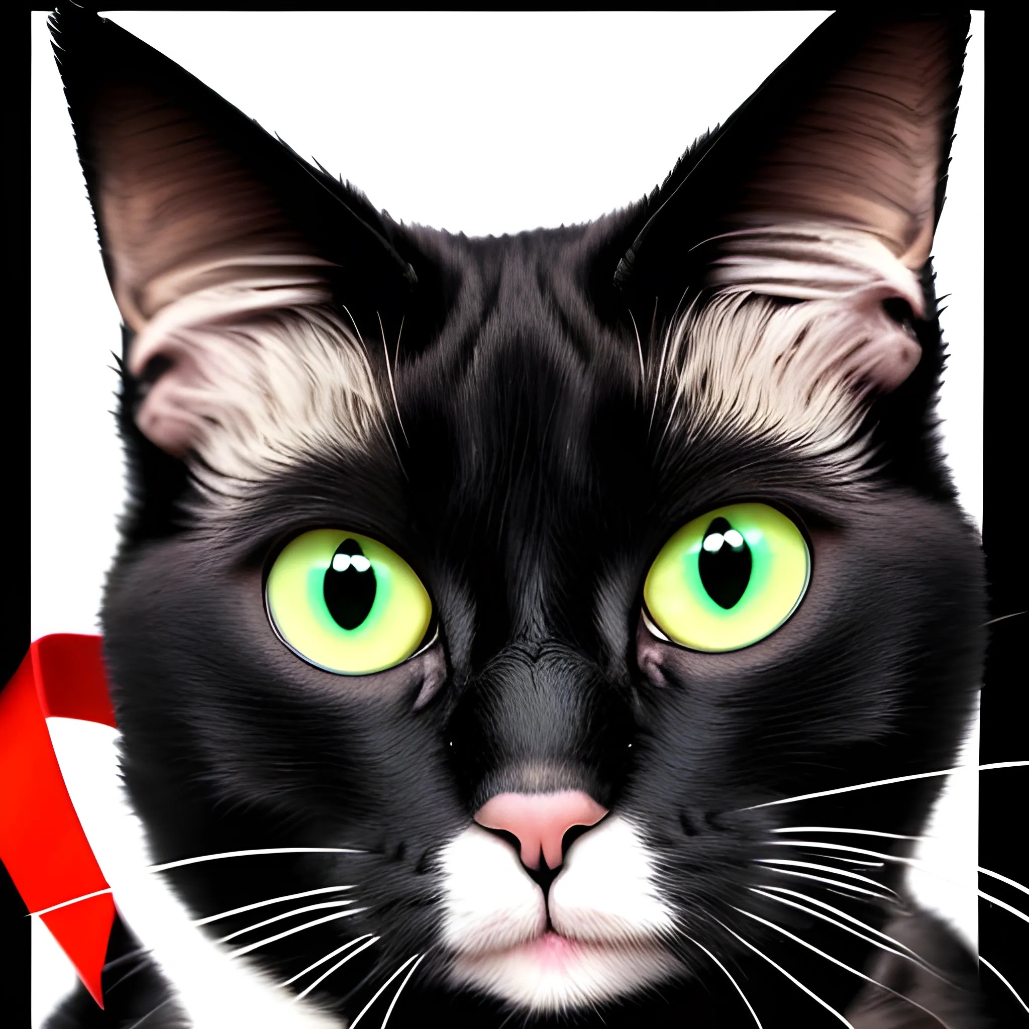 cat, cartoon, full black, full length, big green eyes, red ribbon, white background. 