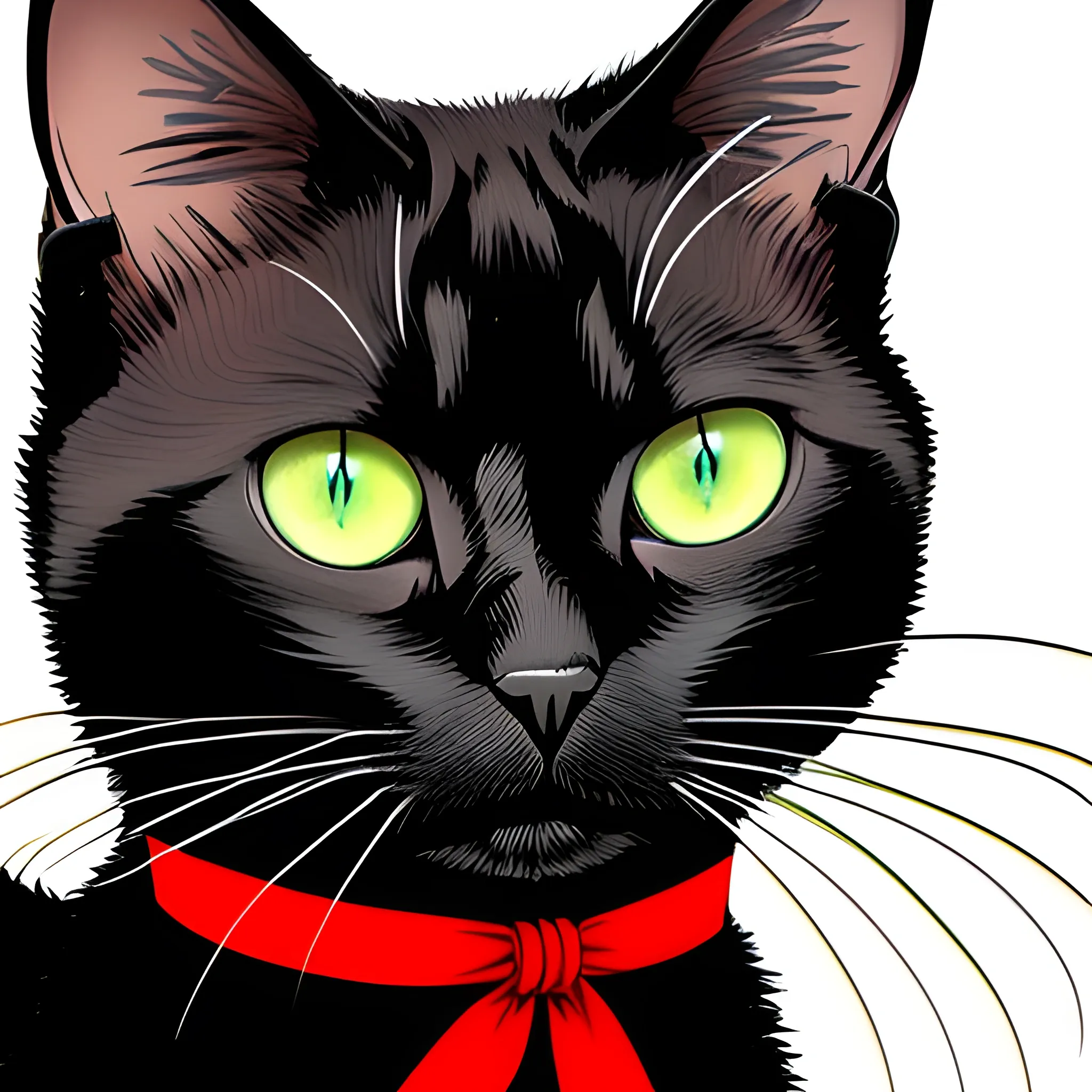 cat, full black, full length, big green eyes, red ribbon on neck, 2d cartoon, white background. 