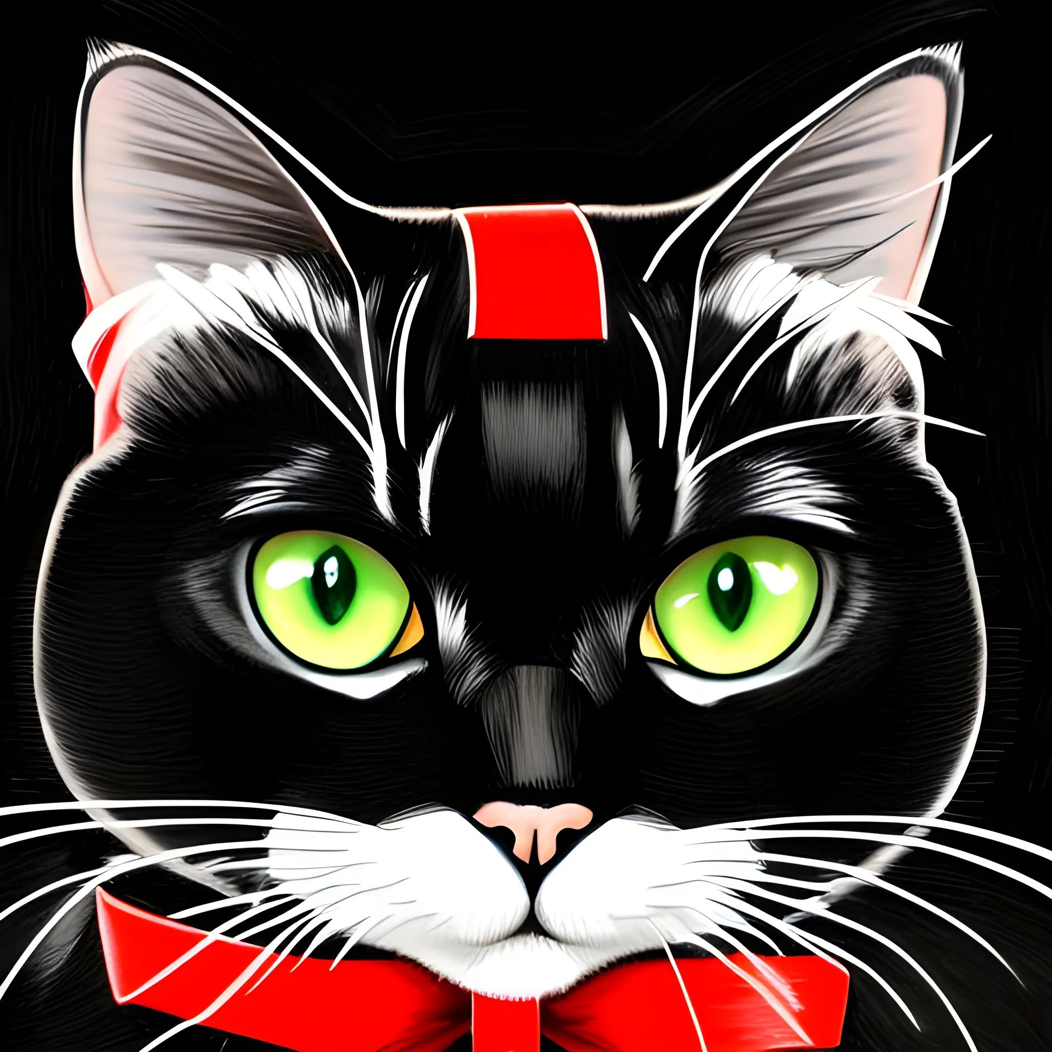 cat, full black, at full length, sad big green eyes, red ribbon on neck, 2d cartoon, white background. 