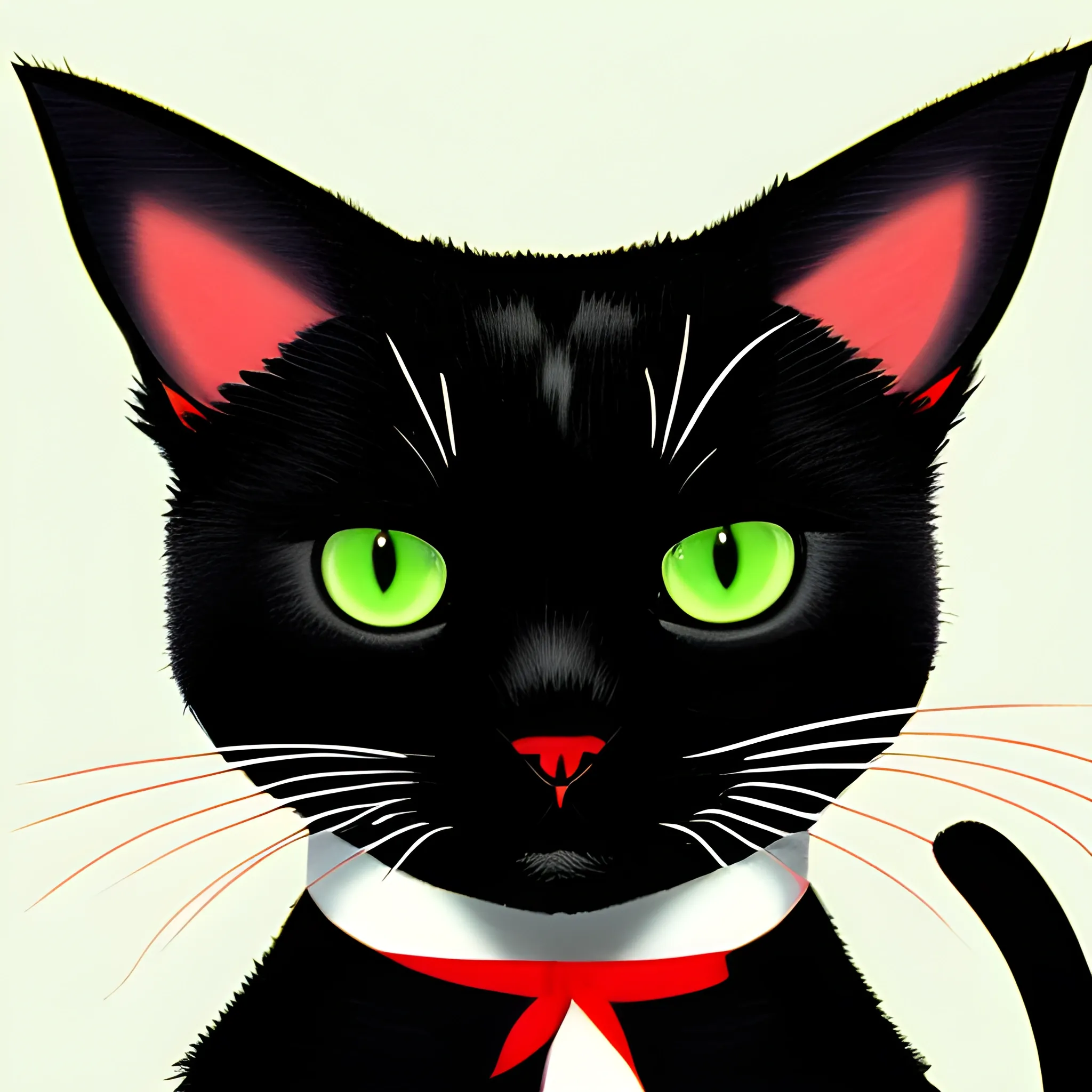 cat, full black, sad, big green eyes, red ribbon on neck, 2d cartoon, white background. cat is at full-length