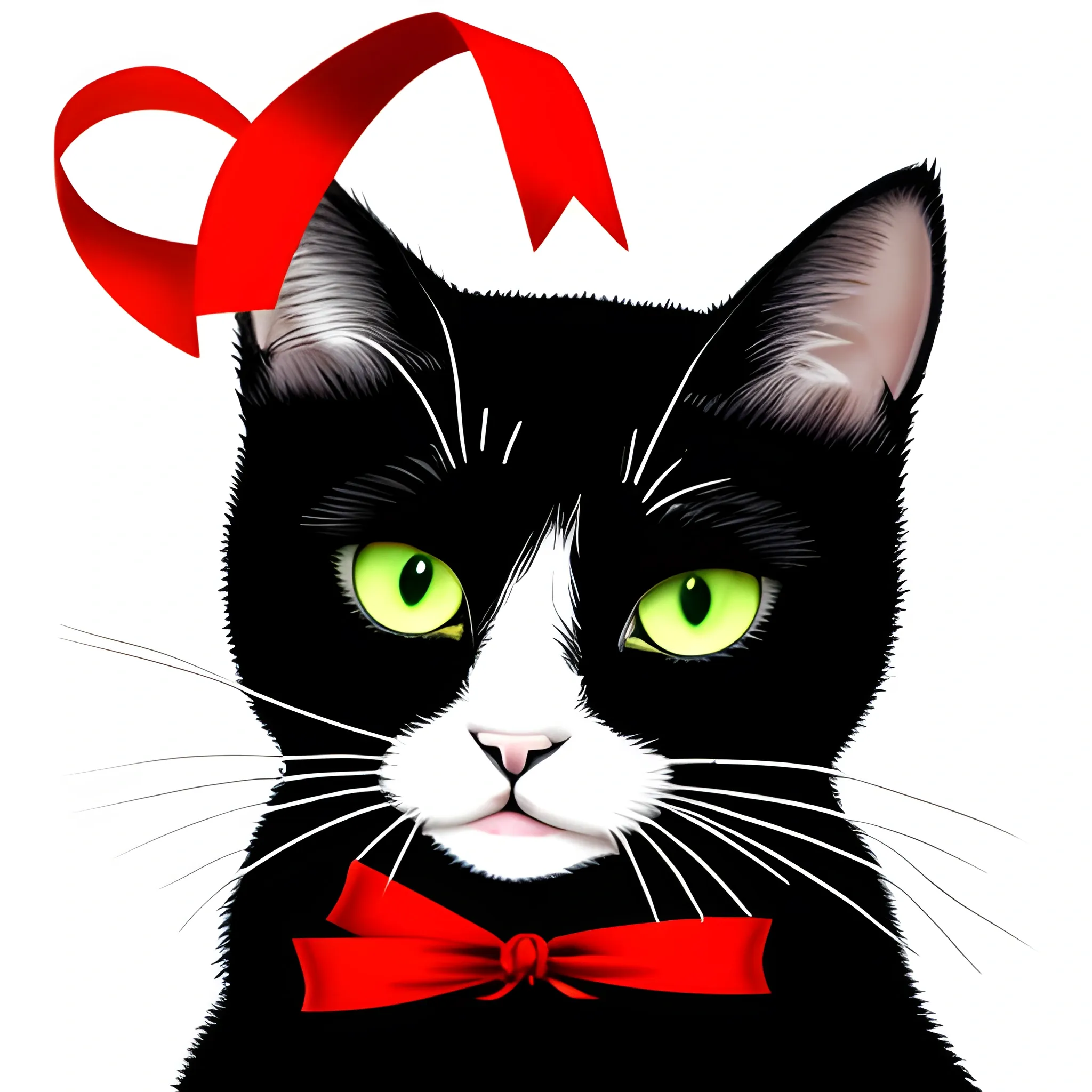 cat, full black, sad, big green eyes, red ribbon on neck, 2d cartoon, white background. the cat is a meter away from the camera