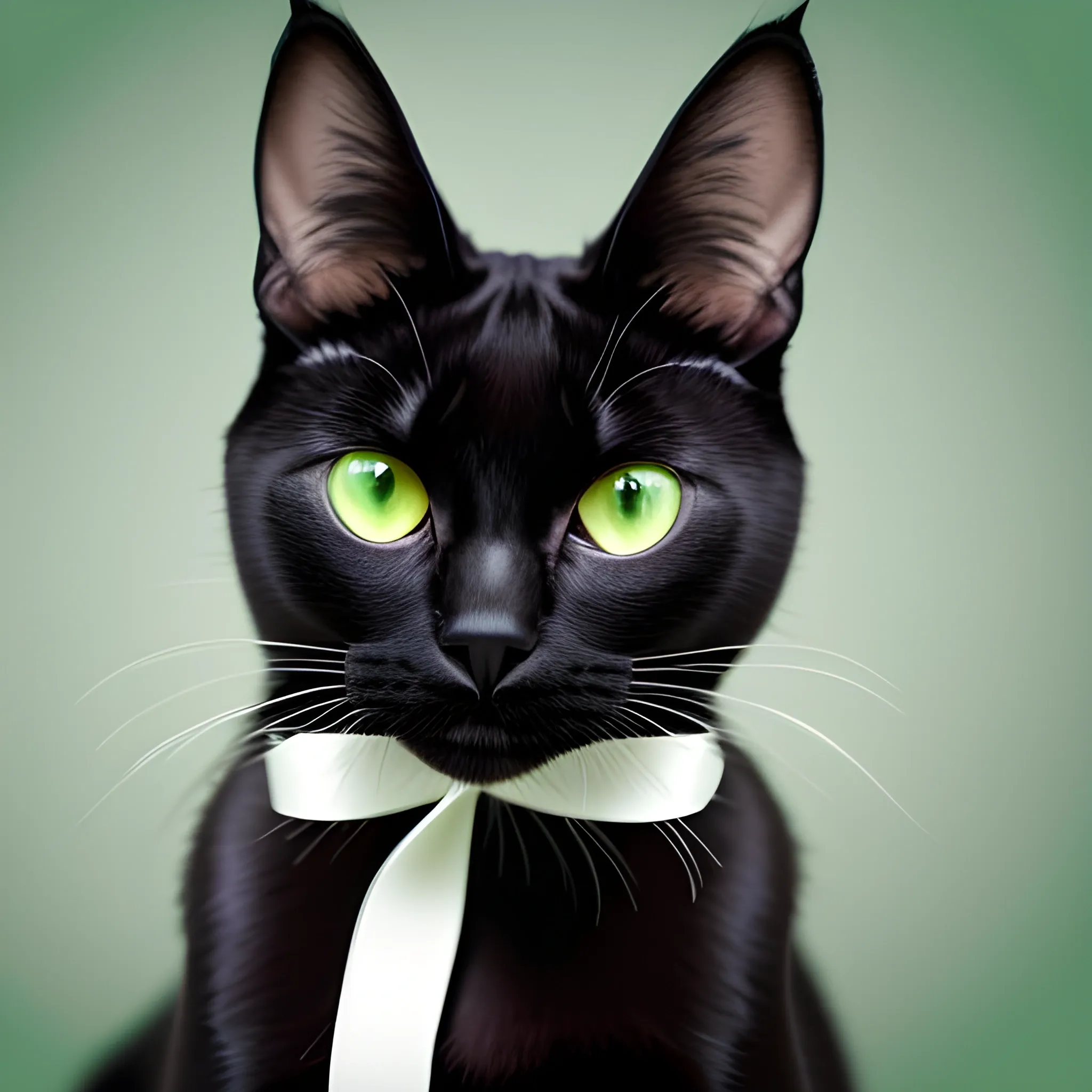 a full black cat with sad, big, green eyes, has red ribbon on neck, white background. the cat is two meter away from the camera. like 2d tom and jerry cartoon