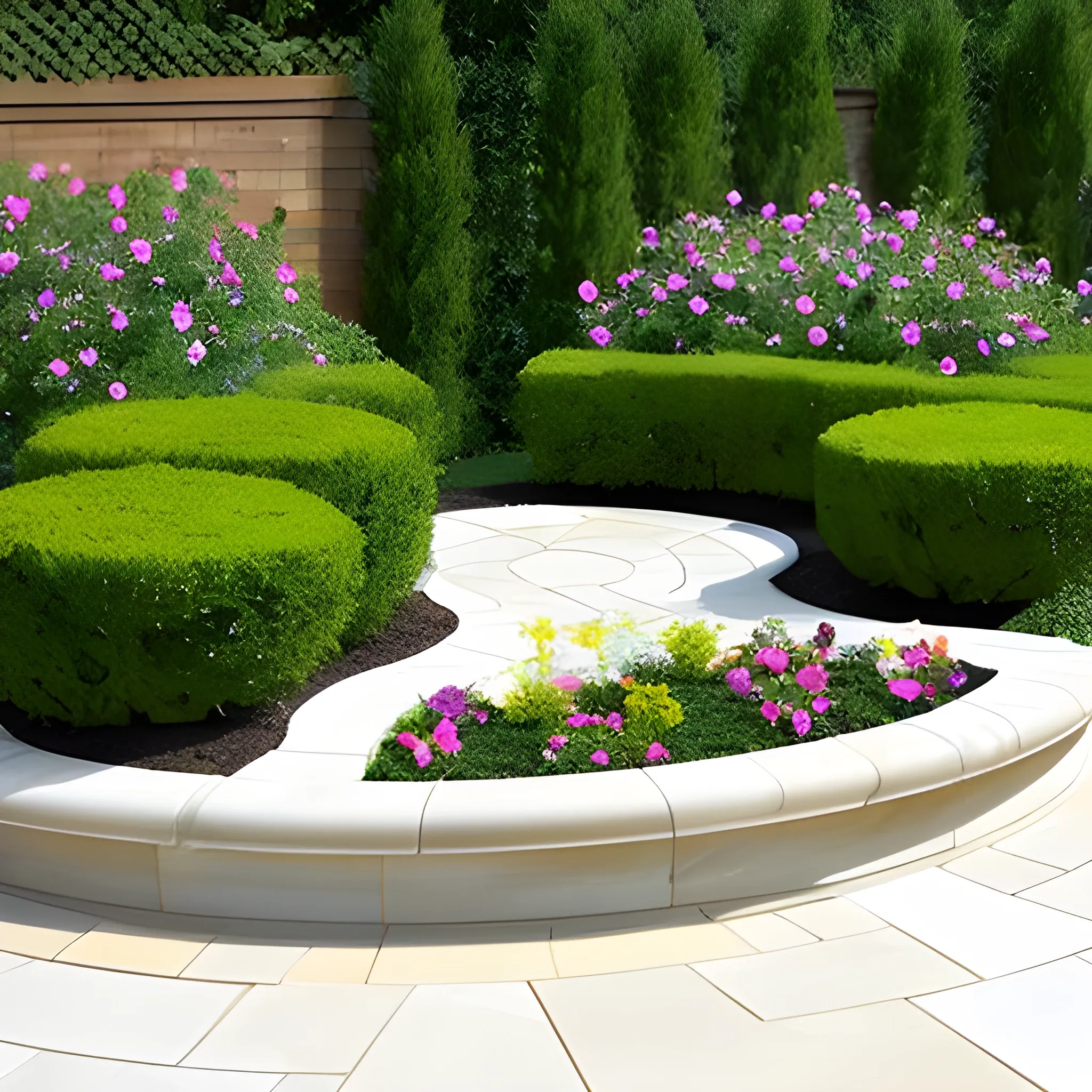 Design a garden with marble paving, with circular or curved flower beds surrounding the perimeter."