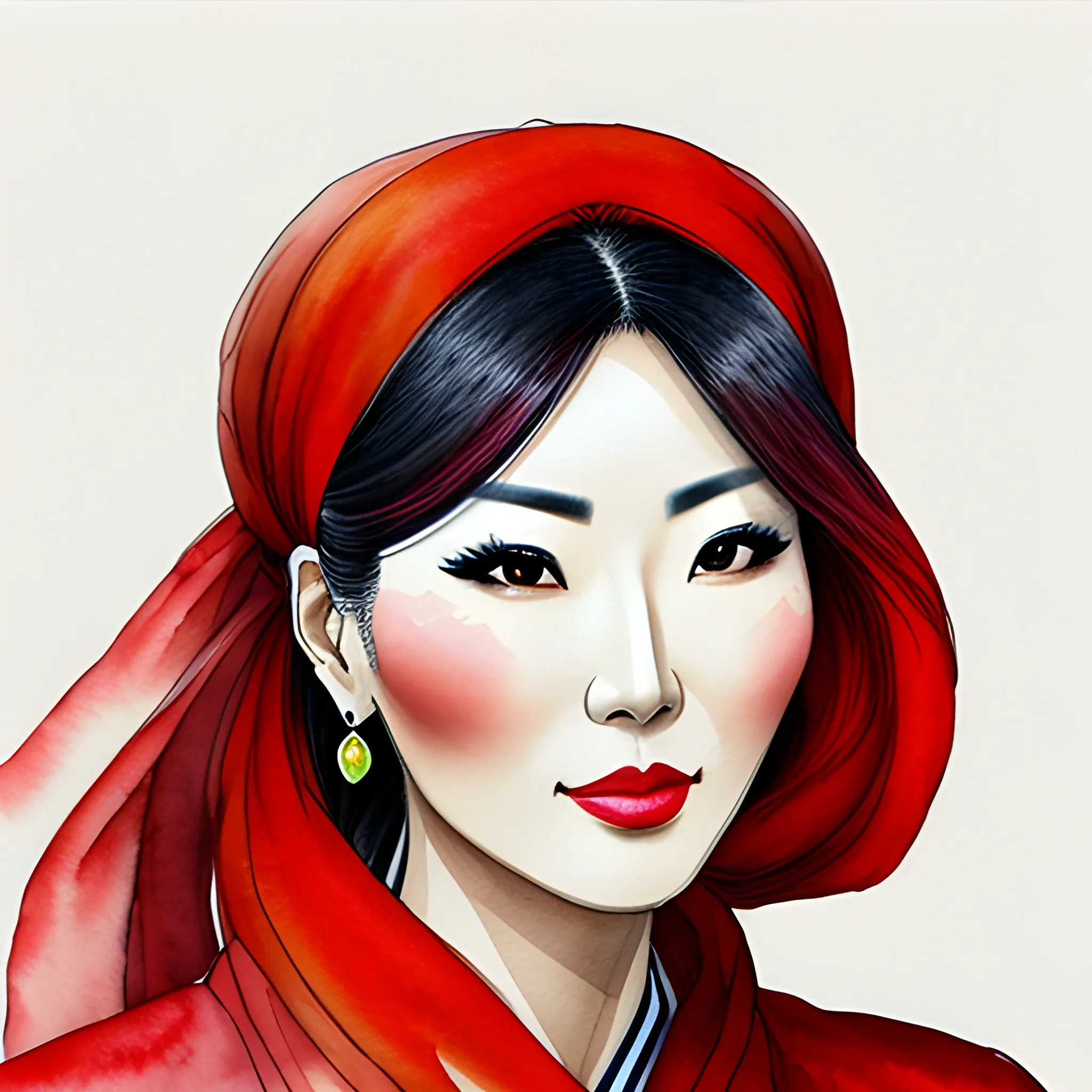 Chinese girl wearing red headscarf, portrait HD, Water Color