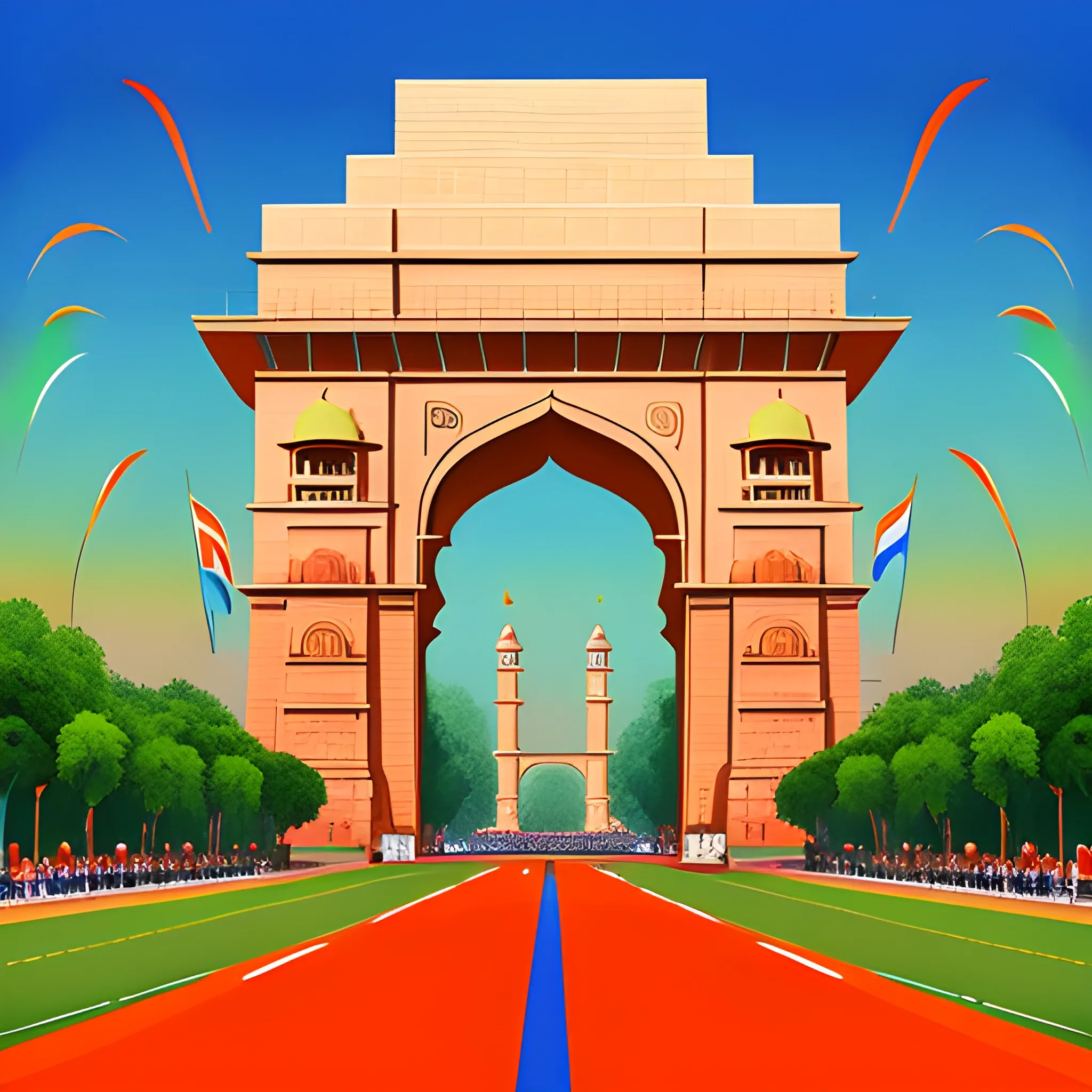 Indian independent day background with India gate, detailed, Indian army in colorful uniforms coming from war, large Indian flag at the top,  dynamic, vivid colors, realistic, military genre, artist Reference, 