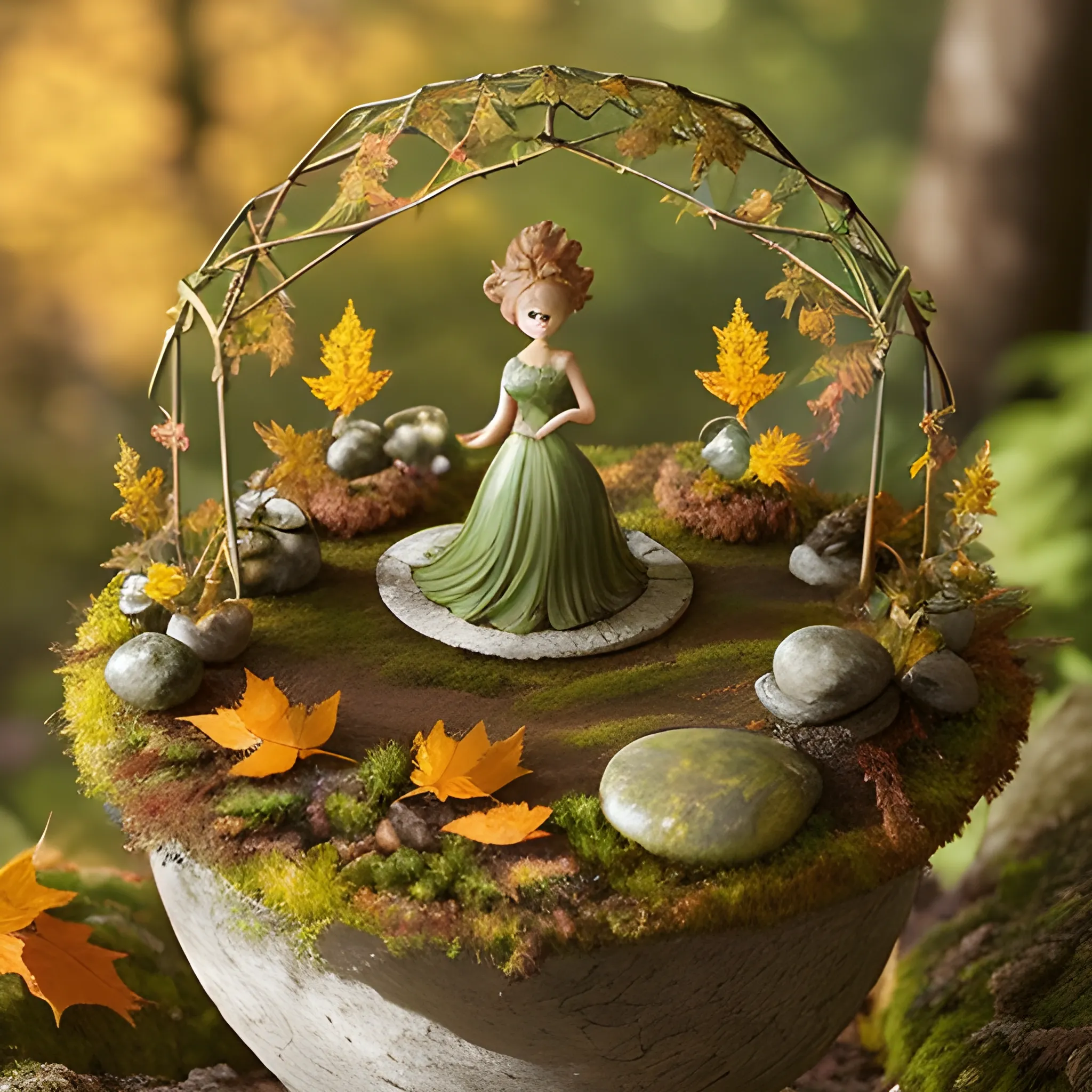 A whimsical Miniature Figure crafted from delicately arranged autumn leaves Dances gracefully on the rim of a weathered, moss-covered Terracotta pot. It is set against a lush, vibrant forest background, where dappled sunlight Filters through the Canopy above, casting intricate shadows. The scene has an ethereal aesthetic with warm, earthy Tones a sienna, Umber and olive green, Accented by hints of emerald and golden light, evoking a sense of wonder and enchantment as if plucked from a fantastical realm.