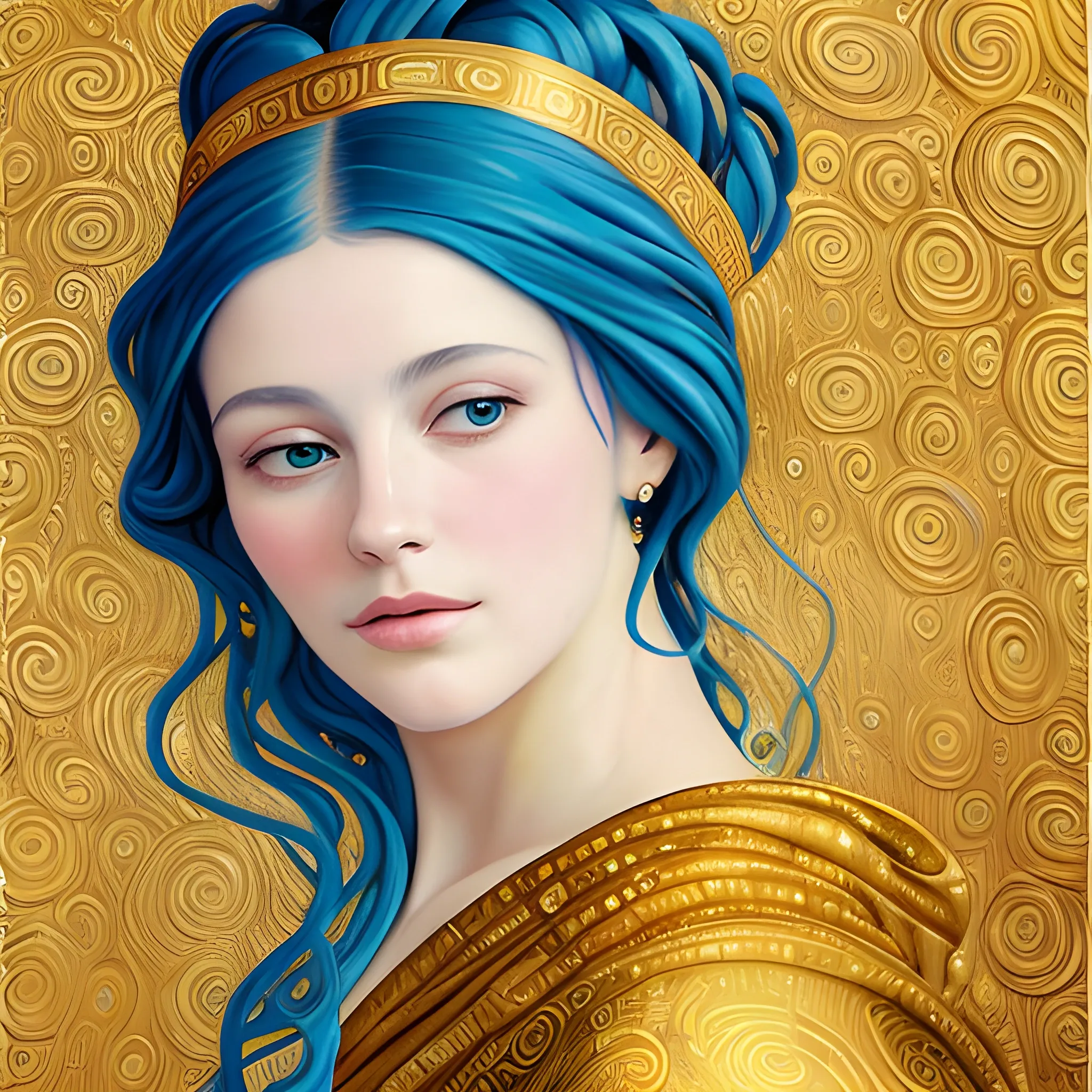 Create an image of a painting in the style of Gustav Klimt, featuring a female figure draped in a flowing blue robe adorned with gold circular patterns. The background is filled with gold-leafed designs and swirls, and the woman's hair is elaborately styled with similar gold accents. Ultra-realistic, Oil Painting