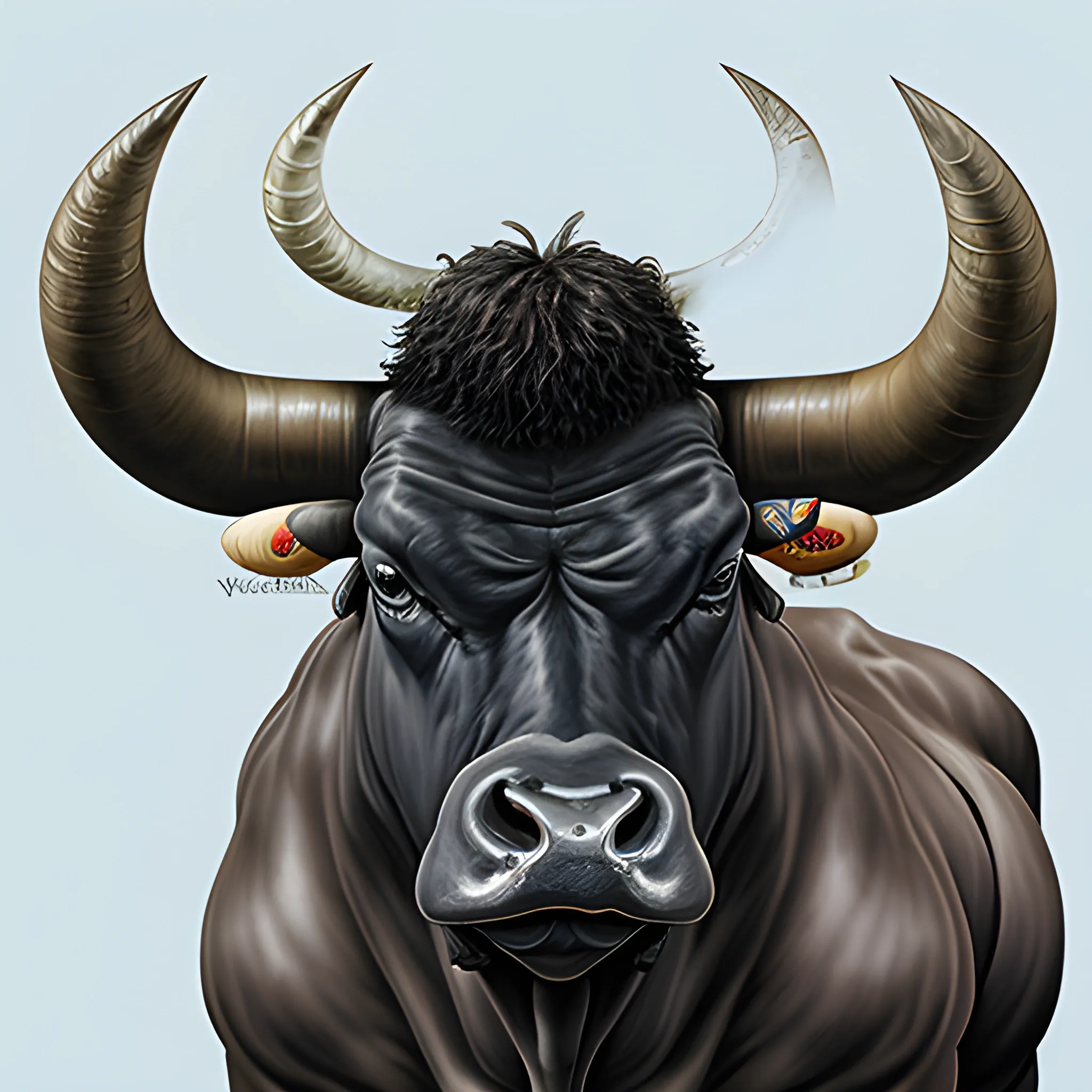 Simon-Bisley-style painting of a double-muscled Belgian Blue bull bred for war.
