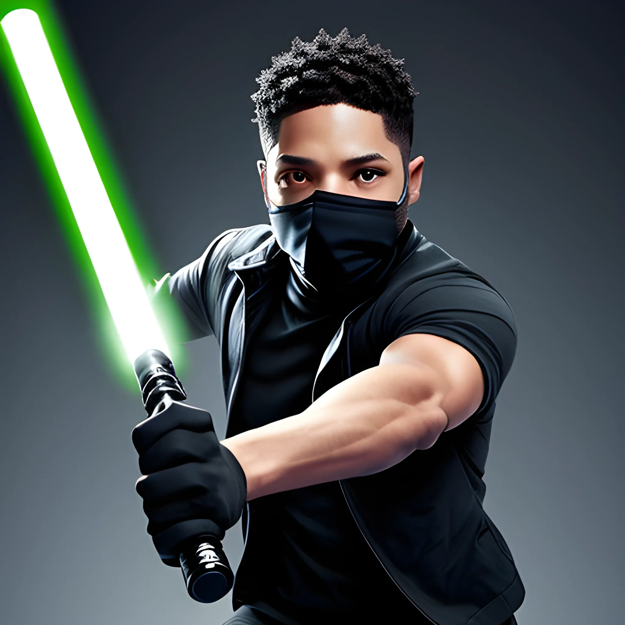 Photo of Jussie Smollett fighting back against masked attackers with a light saber.