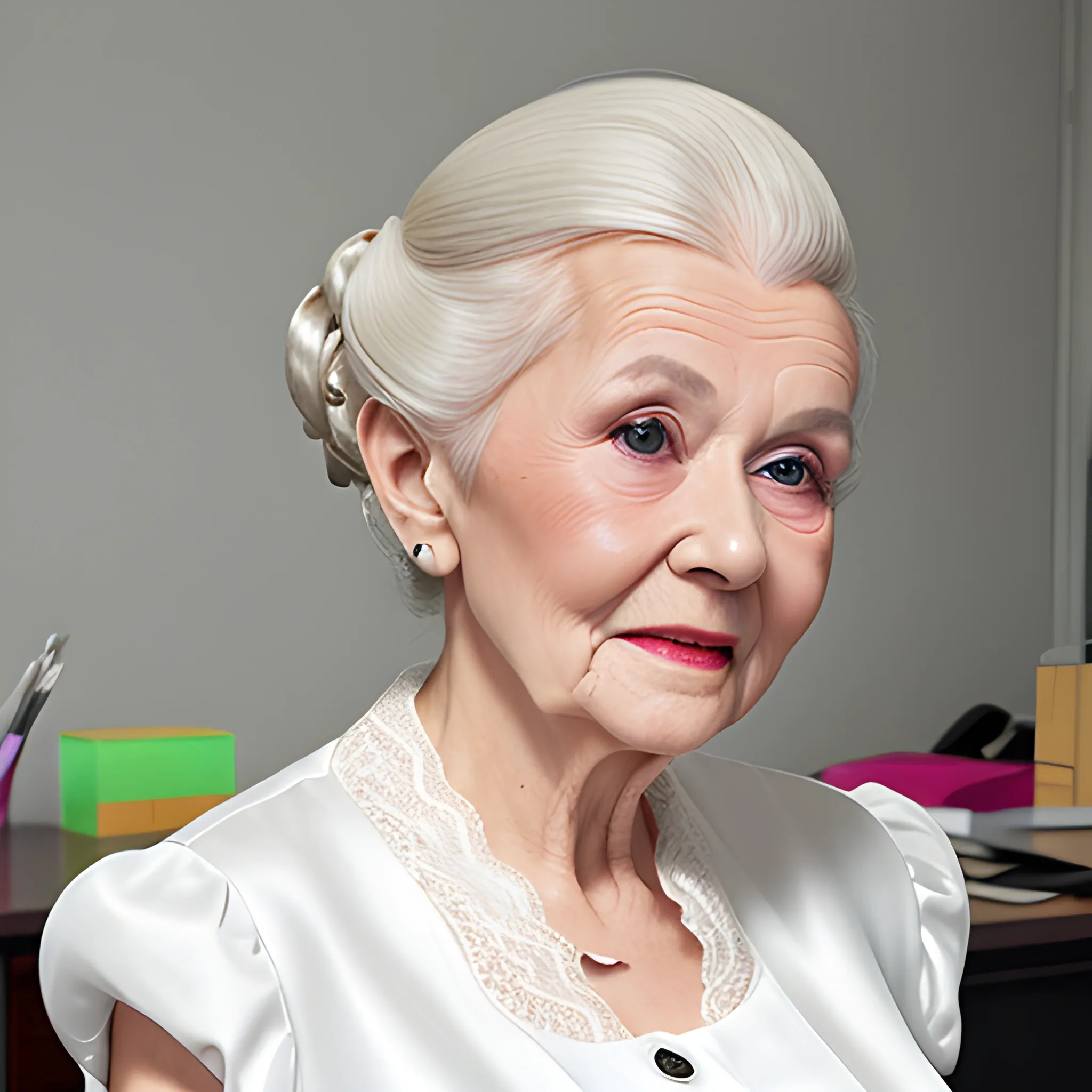 85 year old granny cleavage white updo hair office work, lace satin blouse