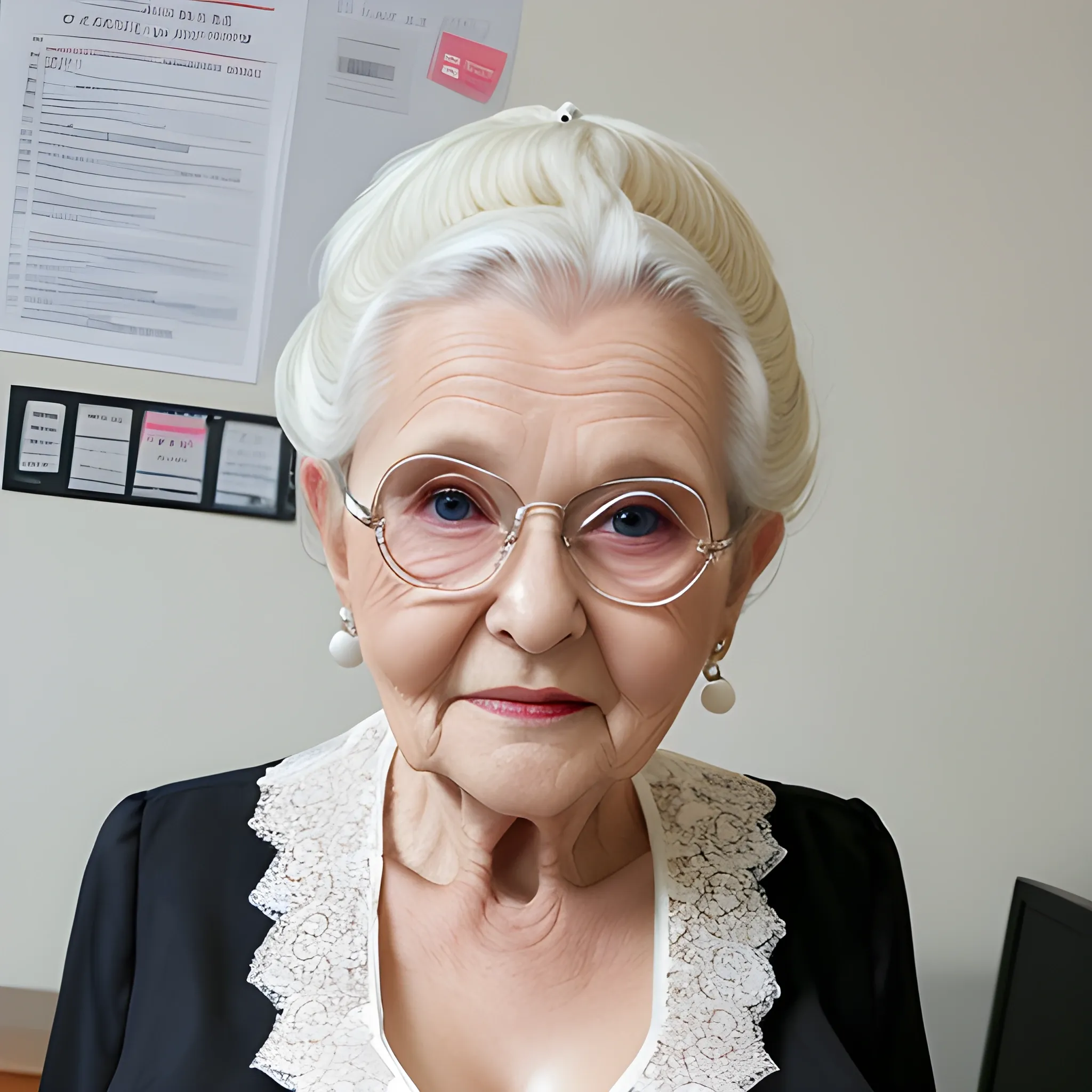 85 year old granny cleavage white updo hair office work, lace satin blouse cleavage 