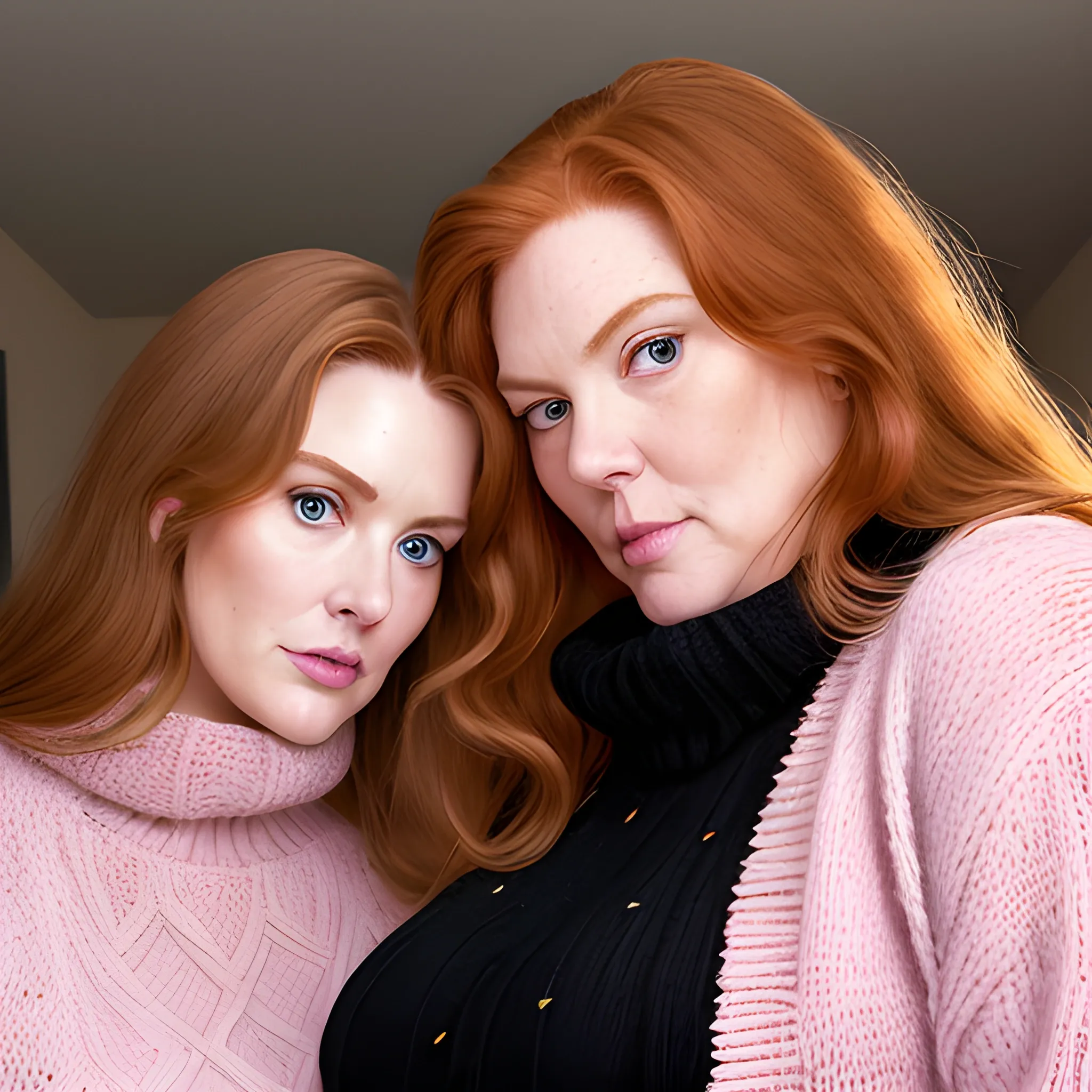 Two tall beautiful plus-sized, ample, buxom, early middle-aged,American Women, long straight ginger hair, full lips, full face, black and pink sweater, looking down at the camera, up close pov, detailed 