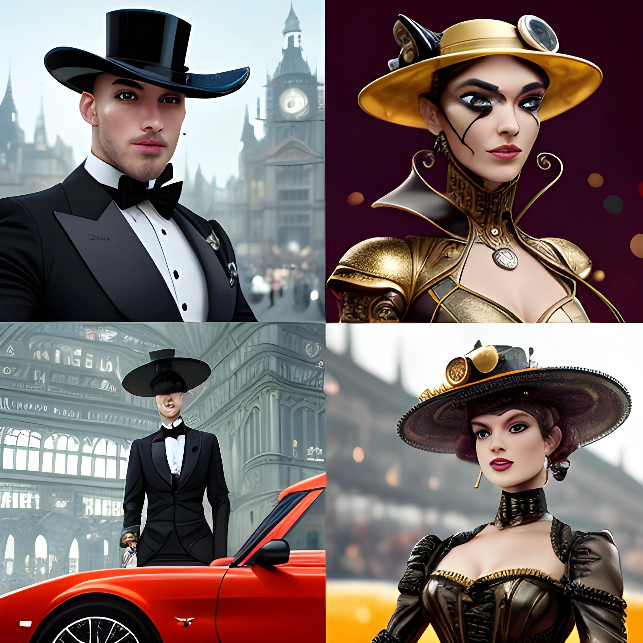 A fascinating collage of multiple selfies showcasing a man's diverse looks and styles. The central image features a human-alien hybrid, part alien-frog couple, dressed in Victorian-inspired steampunk attire, standing together at a futuristic car showroom. The man has a round-shaped head and frog-colored skin, wearing a metallic gold, red matte, and blue detailed suit, while the woman has an athletic light-red body, diamond ears, and dons an eggshell-colored gown with a hat. They lean on fashionable umbrellas and are surrounded by an array of intricately designed vehicles, reminiscent of classic cars like Lamborghinis, Mustangs, Chevys, and Mercury Cougars. The background features a gradient of dark metallic gold and obsidian green, creating a striking atmosphere. The man'