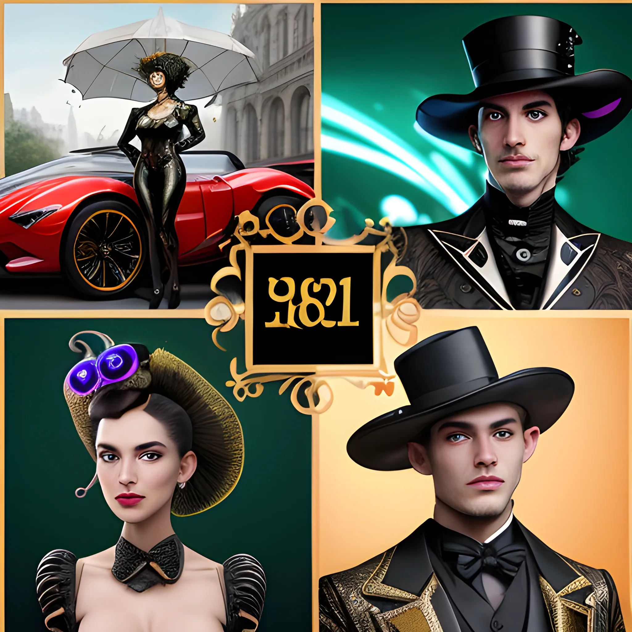 A fascinating collage of multiple selfies showcasing a man's diverse looks and styles. The central image features a human-alien hybrid, part alien-frog couple, dressed in Victorian-inspired steampunk attire, standing together at a futuristic car showroom. The man has a round-shaped head and frog-colored skin, wearing a metallic gold, red matte, and blue detailed suit, while the woman has an athletic light-red body, diamond ears, and dons an eggshell-colored gown with a hat. They lean on fashionable umbrellas and are surrounded by an array of intricately designed vehicles, reminiscent of classic cars like Lamborghinis, Mustangs, Chevys, and Mercury Cougars. The background features a gradient of dark metallic gold and obsidian green, creating a striking atmosphere. The man'