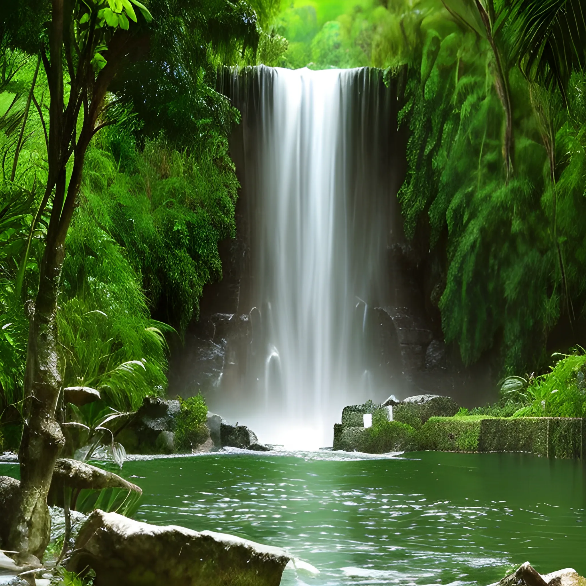 Tranquila cascada de agua verde al final de un río