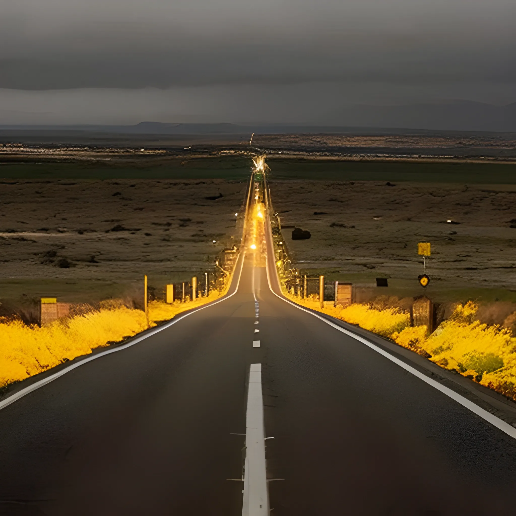 Un cruce de caminos en un vasto paisaje, con dos caminos distintos que se bifurcan en direcciones opuestas. Un camino es brillante y acogedor, bordeado de luz dorada y flores vibrantes, que conduce hacia arriba, hacia una ciudad distante y radiante entre las nubes, que simboliza el cielo. El cielo sobre este camino es claro, lleno de cálida luz solar, y la atmósfera es pacífica y serena. El otro camino es oscuro y amenazador, y desciende hacia un páramo sombrío y estéril. El suelo a lo largo de este camino está agrietado y sin vida, con siniestras nubes de tormenta acumulándose arriba. El camino serpentea hacia abajo, conduciendo a un abismo ardiente lleno de humo y llamas, que simboliza la destrucción. El contraste entre los dos caminos es marcado, y resalta la elección entre la luz y la oscuridad, la vida y la destrucción.