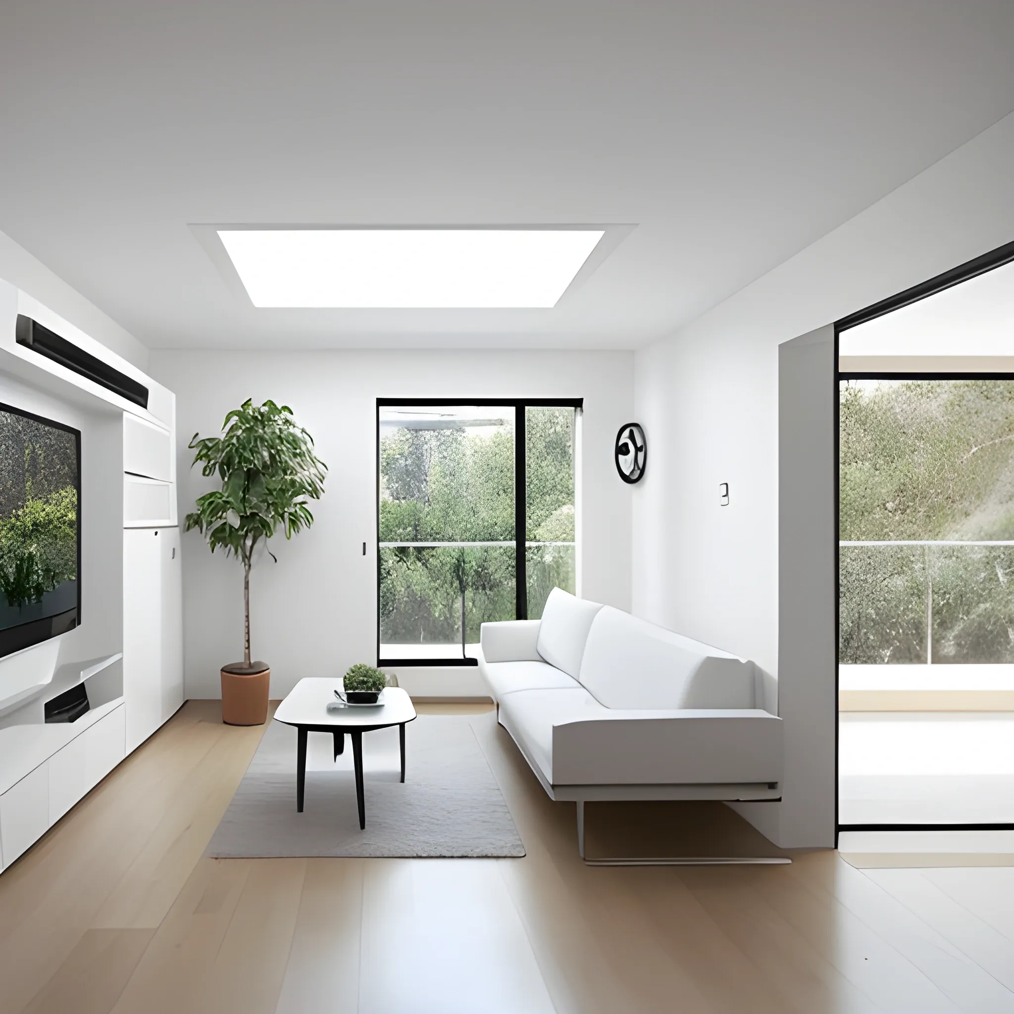 Una sala de estar moderna con una hermosa mesa de mármol blanco entre 2 sofás blancos, a la izquierda de la sala de estar hay ventanas de vidrio de piso a techo y a la derecha de la sala de estar hay escaleras de madera al segundo piso, resolución de 8k, fotografía de diseño interior profesional