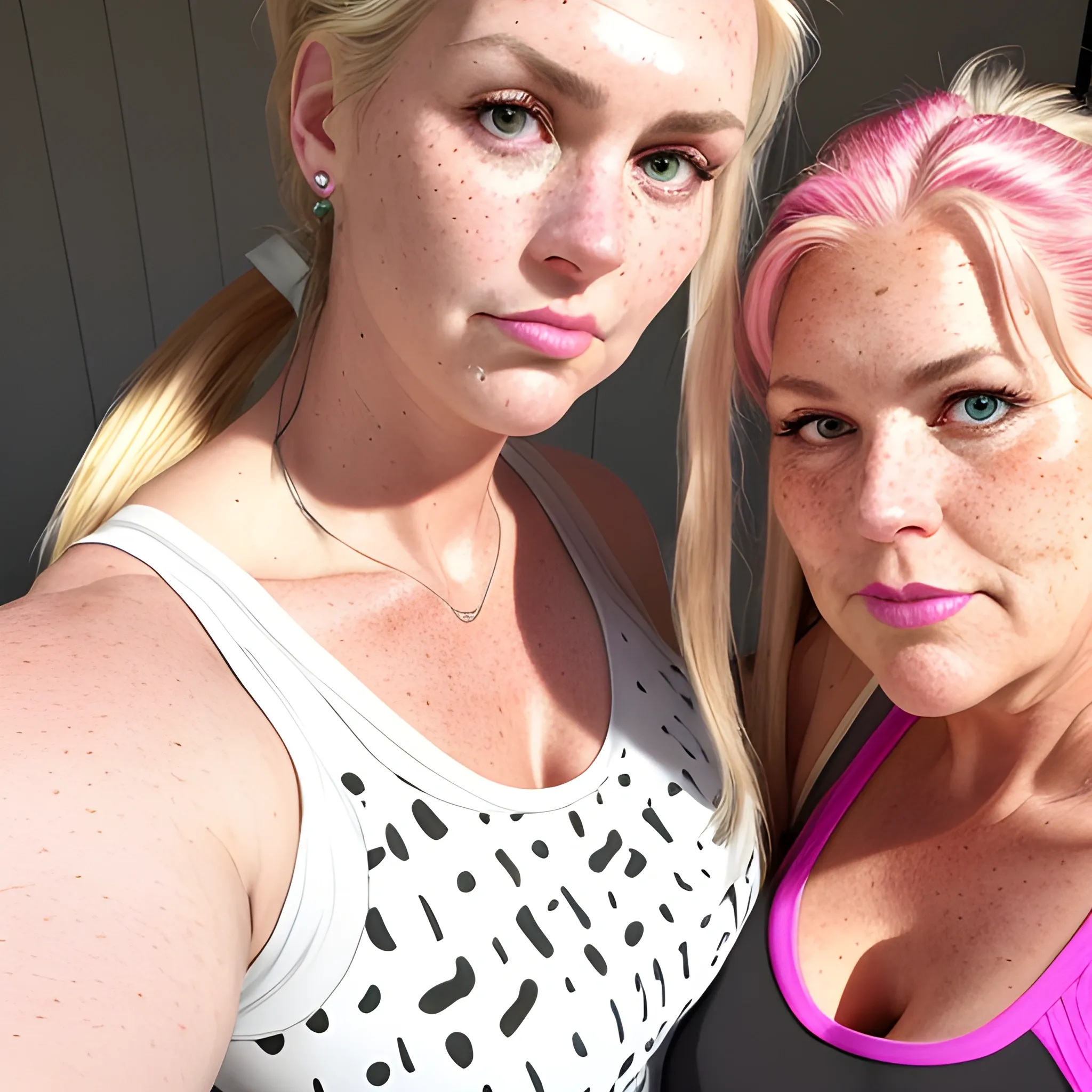 Two tall beautiful plus sized, ample, middle-aged  American Women, long straight blonde hair, ponytail, full lips, full face, freckles, fitted white and pink patterned tank tops, looking down at the camera, up close pov, detailed, warm lighting 