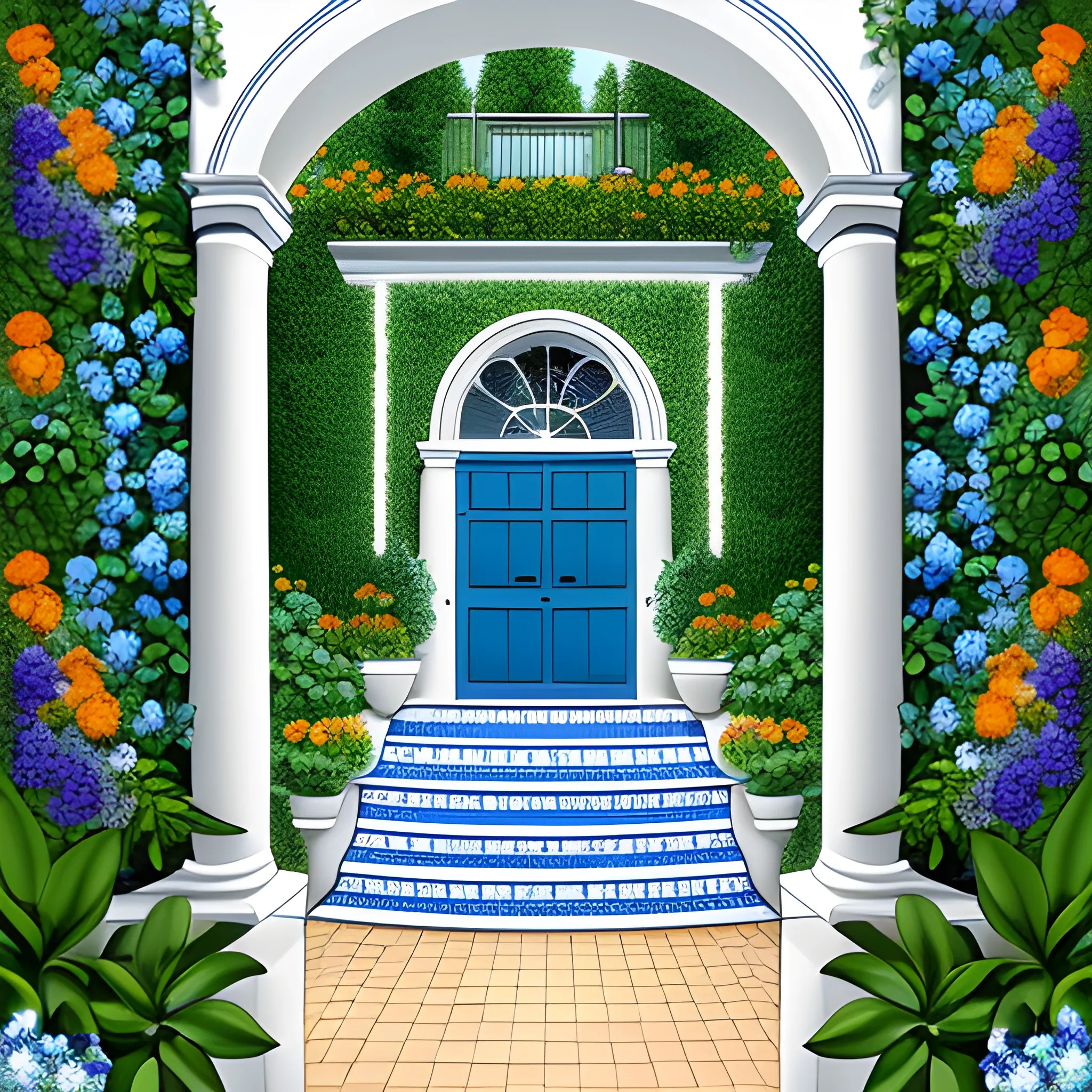 illustration of a beautiful garden with a blue and white tiled wall and stairs. The wall is decorated with intricate patterns and designs, and there are several potted plants scattered throughout the garden. On the left side of the image, there is a small archway with a wooden door, and on the right side, there are two white buildings with orange roofs. The stairs lead up to the entrance of the garden, and the plants are arranged in a way that creates a sense of depth and dimension. The overall color scheme of the illustration is bright and vibrant, with shades of blue, white, and green.