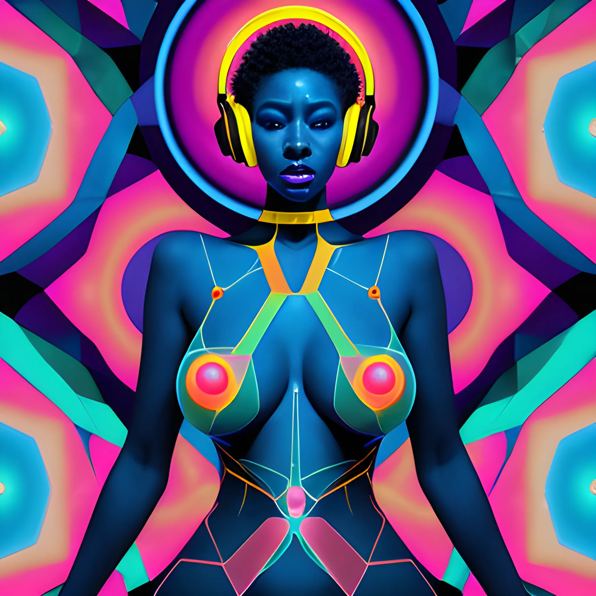 Psychedelic neon glass, a double exhibition featuring the full body of a model, a beautiful African woman big boobs with a dj headset, posing for a photo shoot in a bizarre dress, whose body is fragmented within a complex grid of geometric shapes. The shapes - triangles, hexagons and circles - are superimposed on her body, with parts of her face, arms and torso subtly visible through the gaps. Each shape contains vibrant, swirling colours, with shadows adding depth and dimension. The background is a starry sky. The combination of the female form and the geometric grid creates a captivating, otherworldly effect.