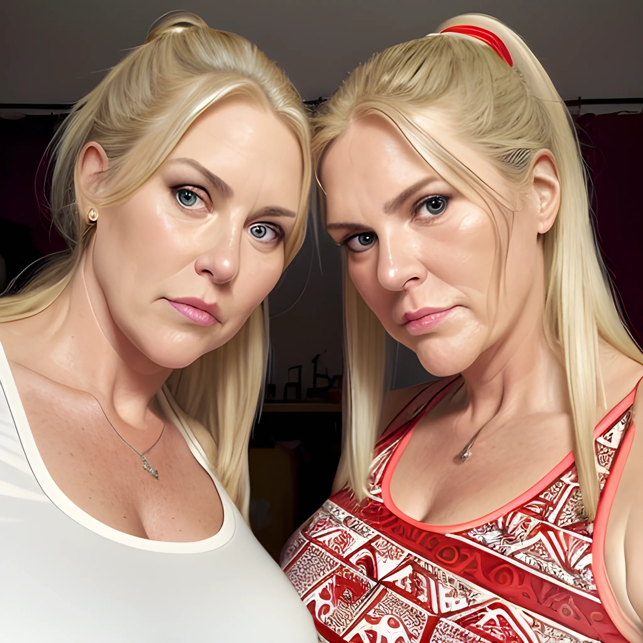 Two tall beautiful plus sized, ample, middle-aged  American Women, long straight blonde hair, ponytail, full lips, full face, fitted white and red patterned tank tops, looking down at the camera, up close pov, detailed, warm lighting 