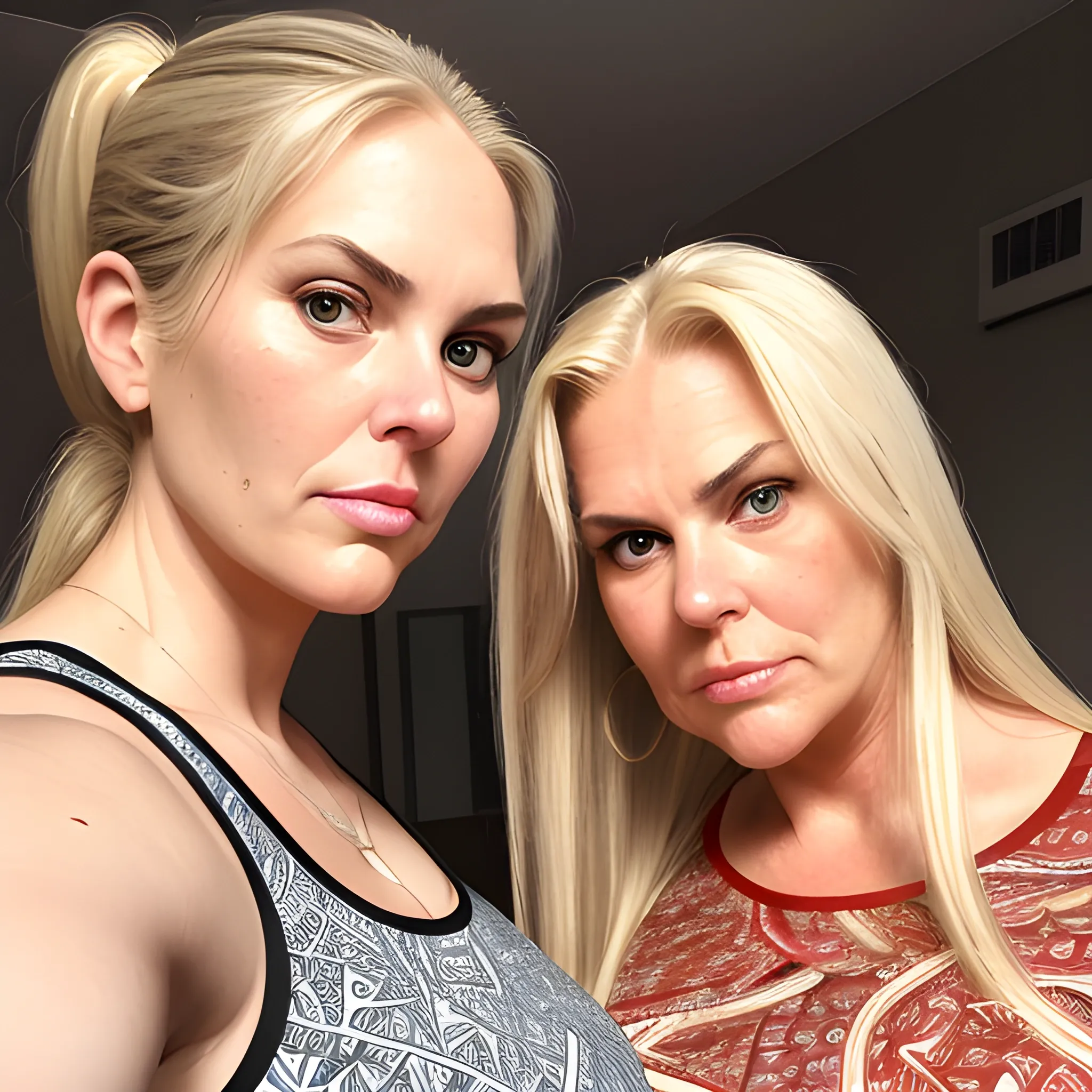 Two tall beautiful plus sized, ample, middle-aged  American Women, long straight blonde hair, ponytail, full lips, full face, fitted white and red patterned tank tops, looking down at the camera, up close pov, detailed, warm lighting 