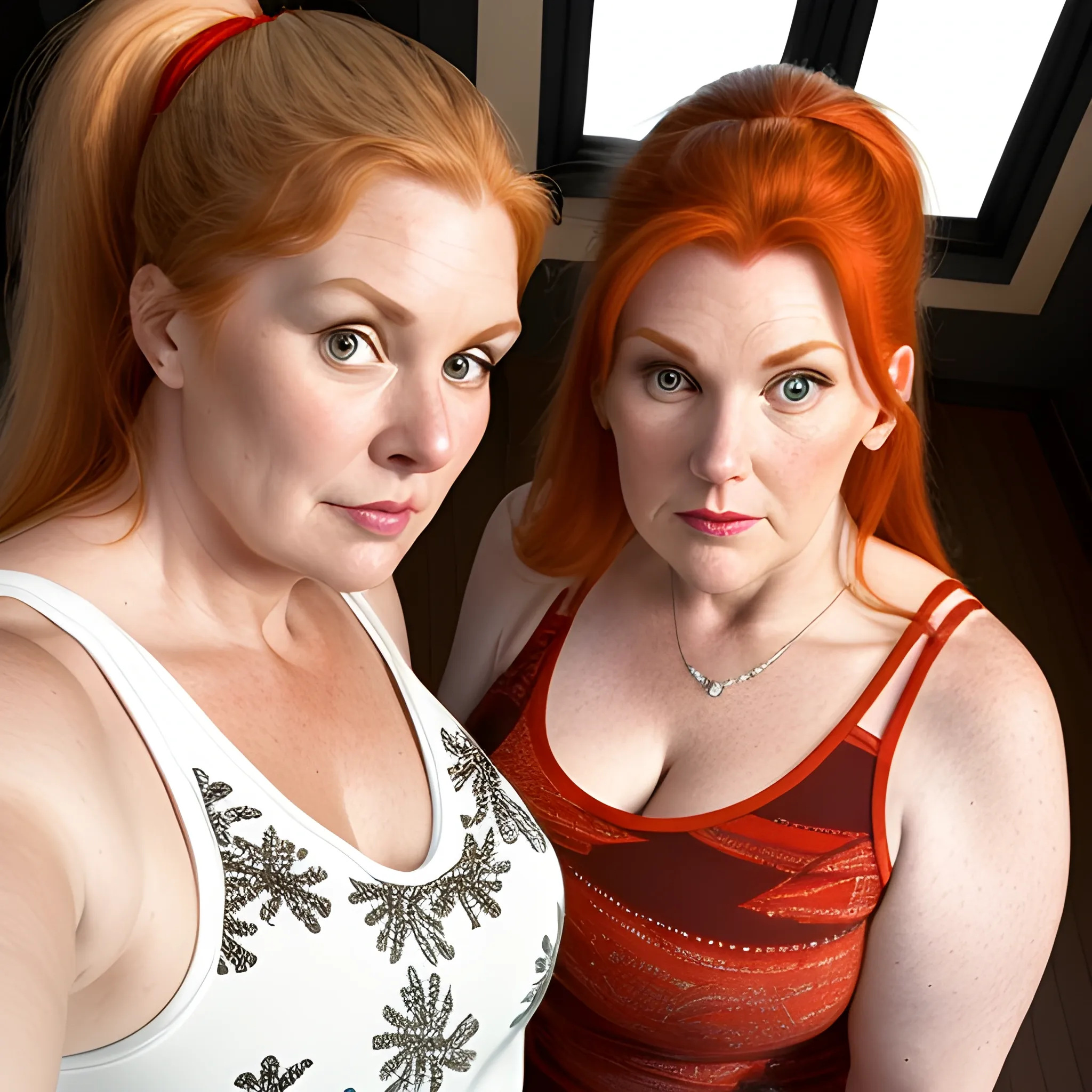 Two tall beautiful plus sized, ample, middle-aged  American Women, long straight ginger hair, ponytail, full lips, full face, fitted white and red patterned tank tops, looking down at the camera, up close pov, detailed, warm lighting 