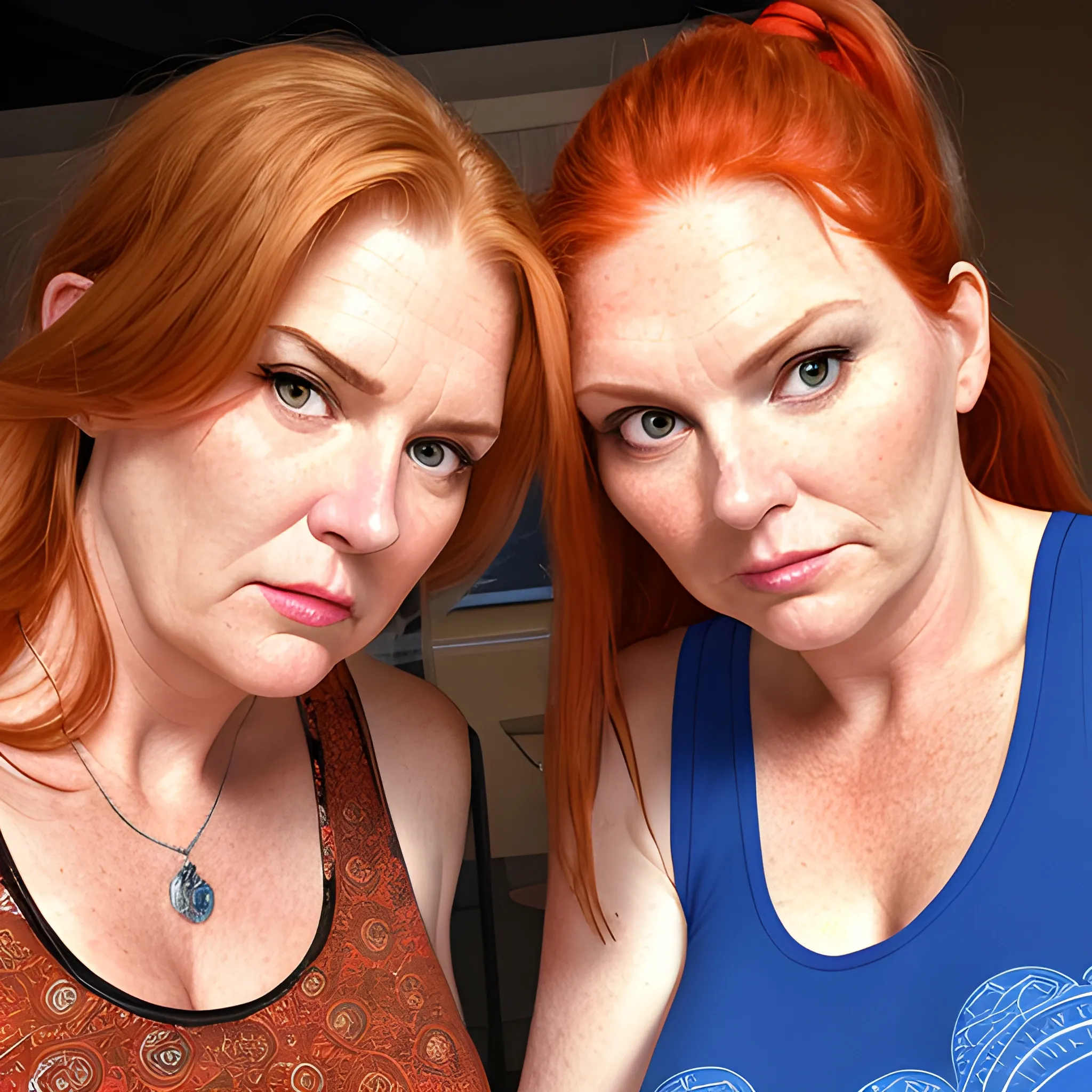 Two tall beautiful plus sized, ample, middle-aged  American Women, long straight ginger hair, ponytail, full lips, full face, fitted blue and red patterned tank tops, looking down at the camera, up close pov, detailed, warm lighting 