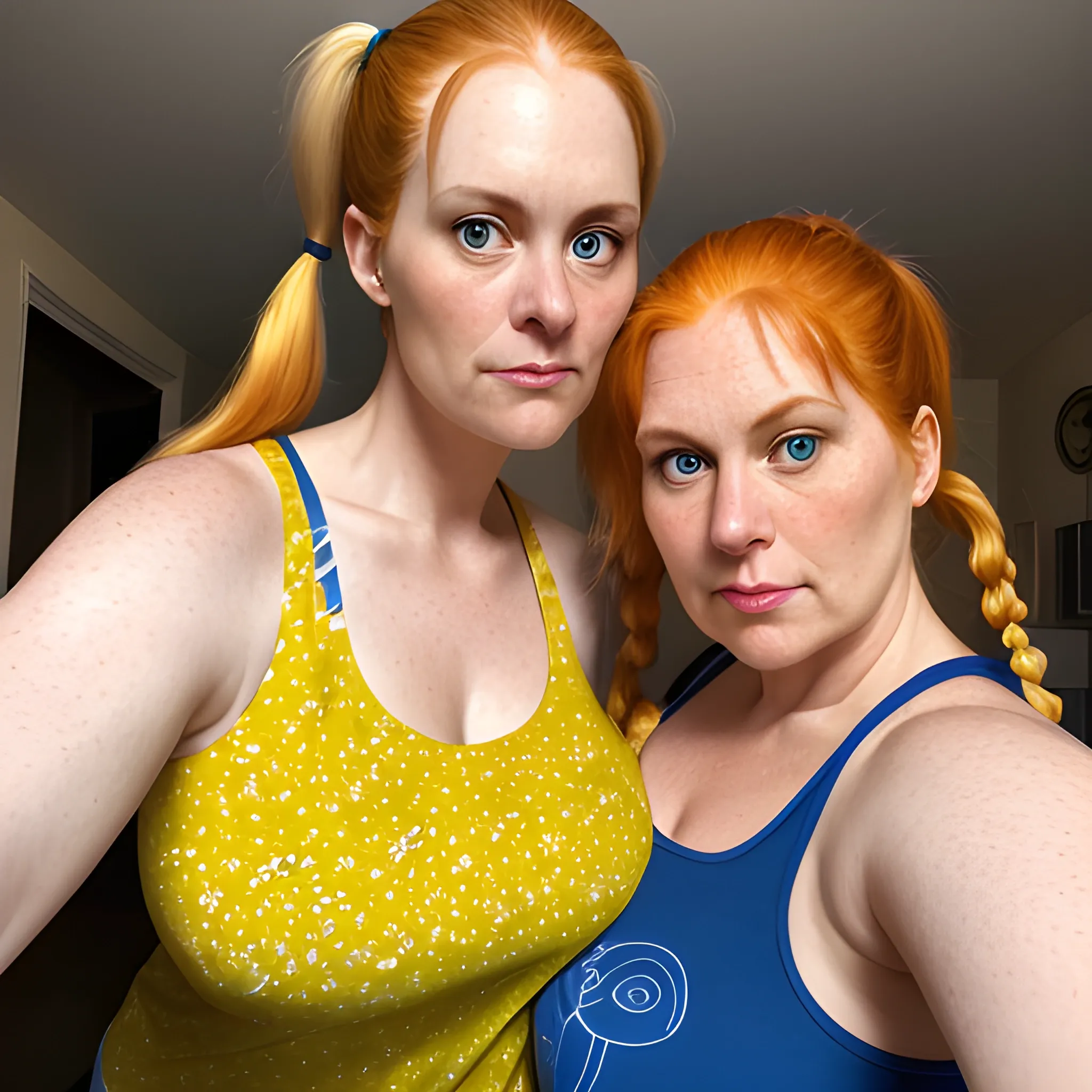 Two tall beautiful plus sized, ample, middle-aged  American Women, long straight ginger hair, pigtails, full lips, full face, fitted yellow, blue and red patterned tank tops, looking down at the camera, up close pov, detailed, warm lighting 