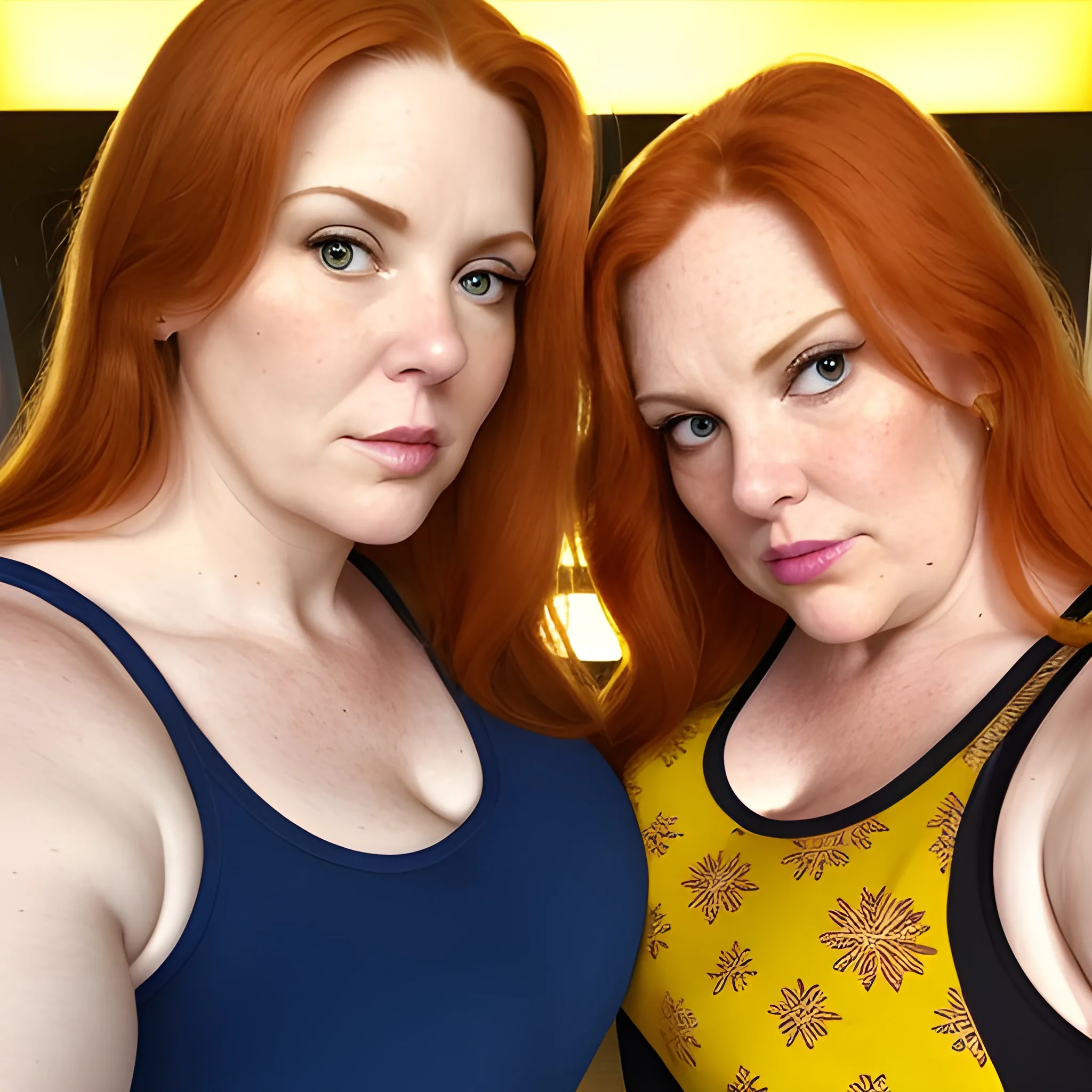 Two tall beautiful plus sized, ample, middle-aged  American Women, long straight ginger hair, full lips, full face, fitted yellow, blue and red patterned tank tops, looking down at the camera, up close pov, detailed, warm lighting 