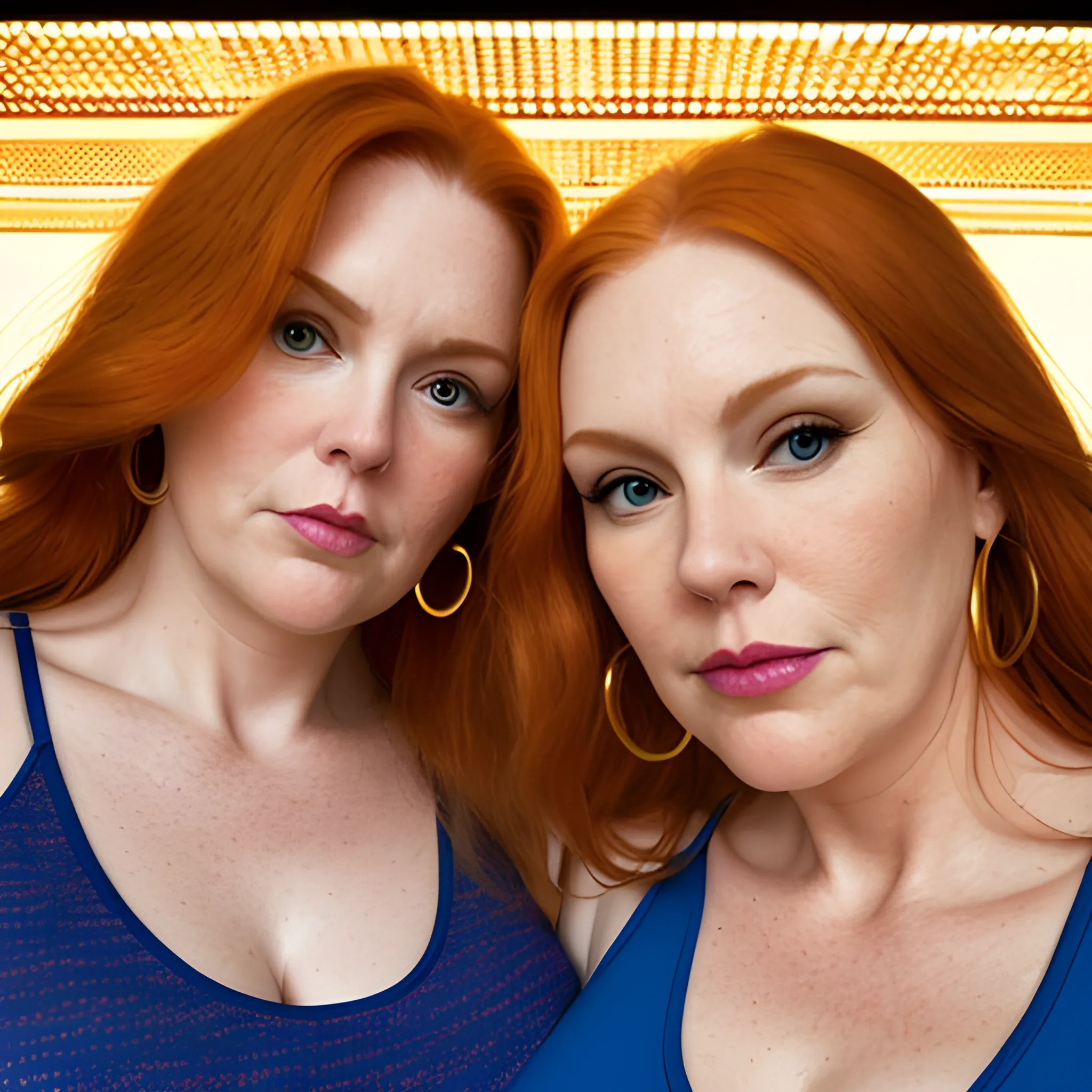 Two tall beautiful plus sized, ample, middle-aged  American Women, long straight ginger hair, full lips, full face, fitted yellow, blue and red patterned tank tops, looking down at the camera, up close pov, detailed, warm lighting 