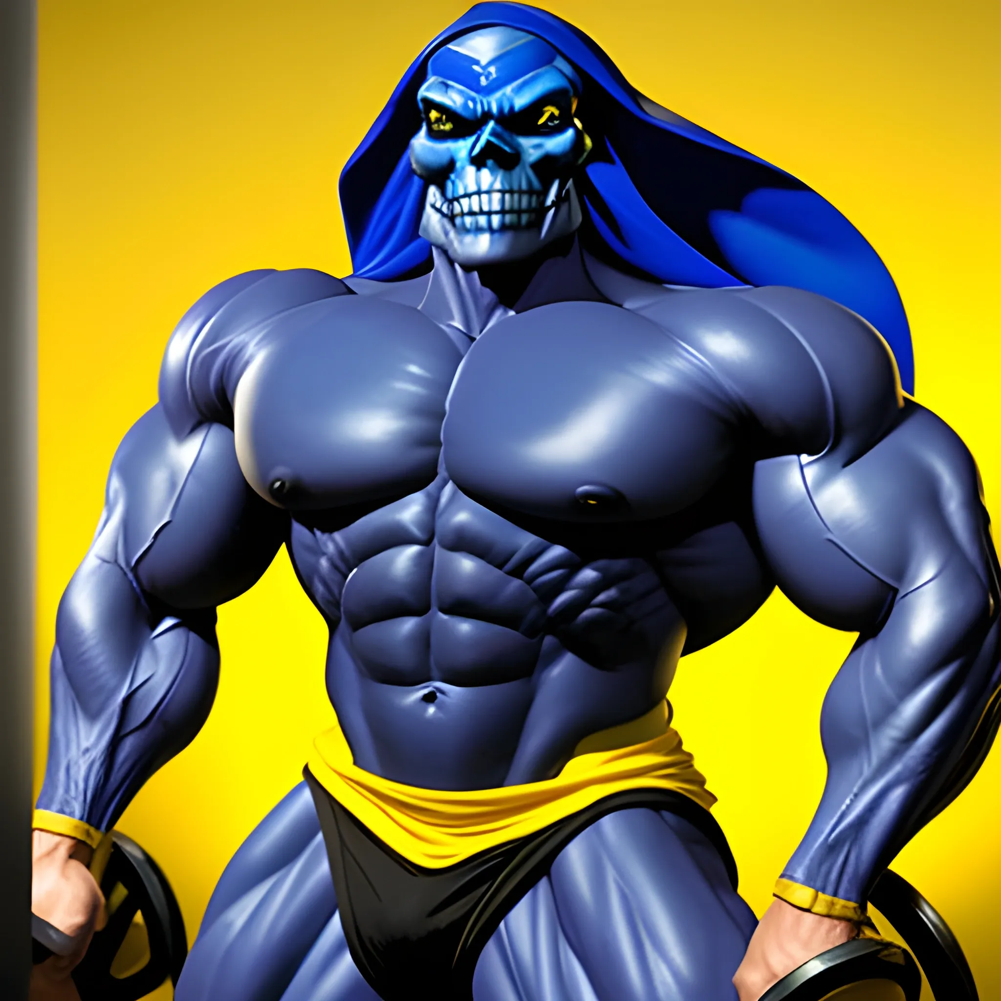 please create an image of an extremely muscular Skeletor (blue-skinned muscular villain from Masters of the Universe with a yellow skull for a head wearing black spandex shorts) flexing his muscles in the gym
 