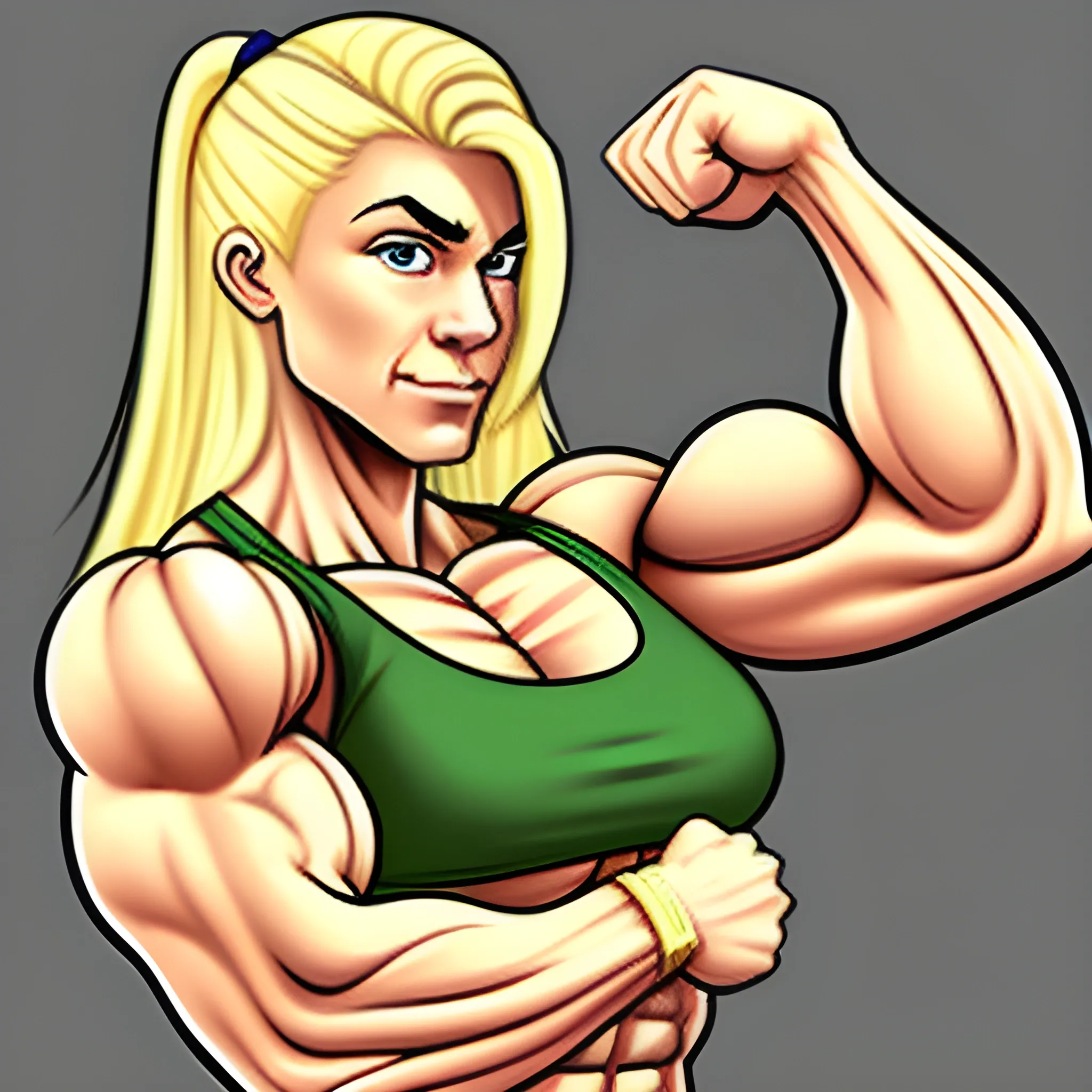 20 year old blonde bodybuilder woman with large muscles flexing her biceps , Cartoon